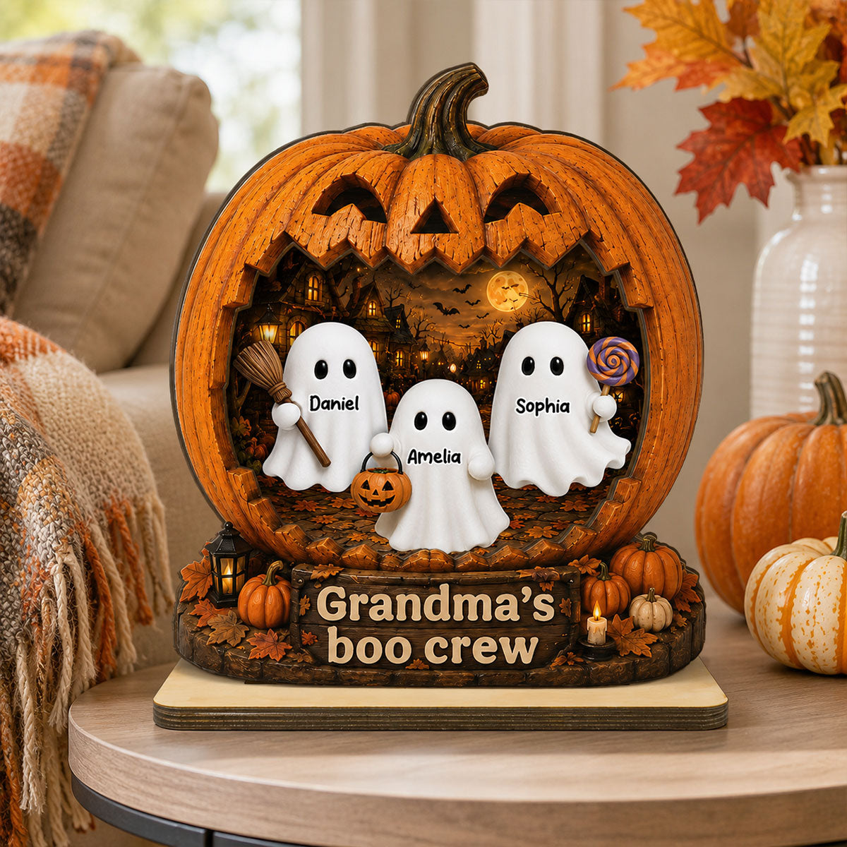 Spooky Halloween Pumpkin Grandma's Boo Crew - Personalized 2-Layered Wooden Plaque - Halloween Decor For Grandma