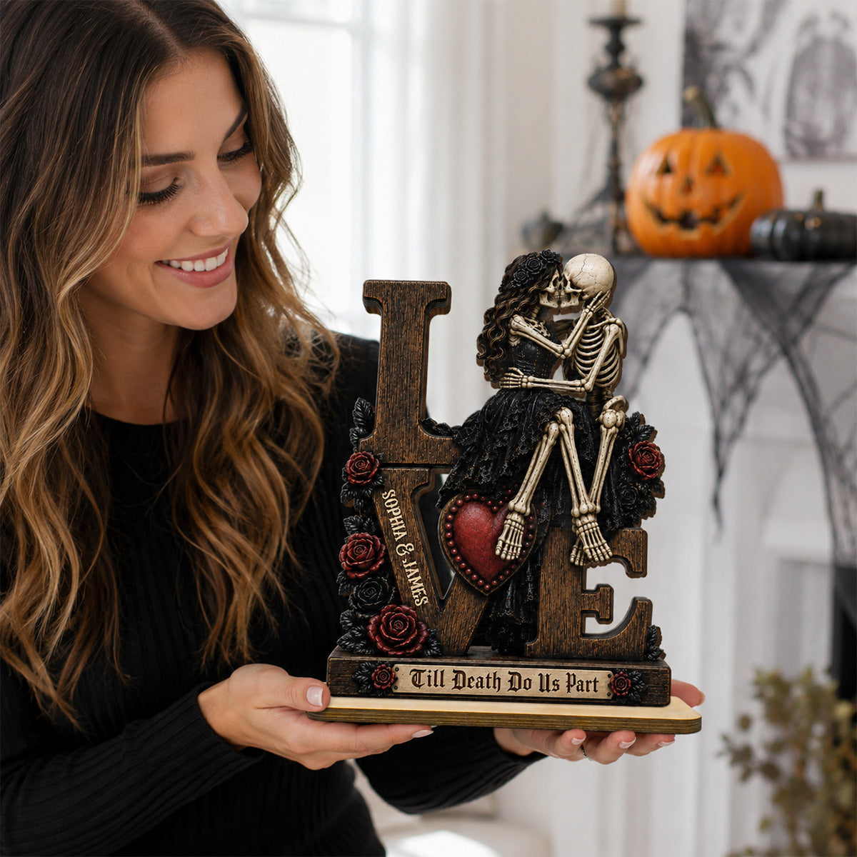 Skeleton Couple Kissing Eternal LOVE 2D Flat - Personalized 2-Layered Wooden Plaque - Halloween Decor For Couple