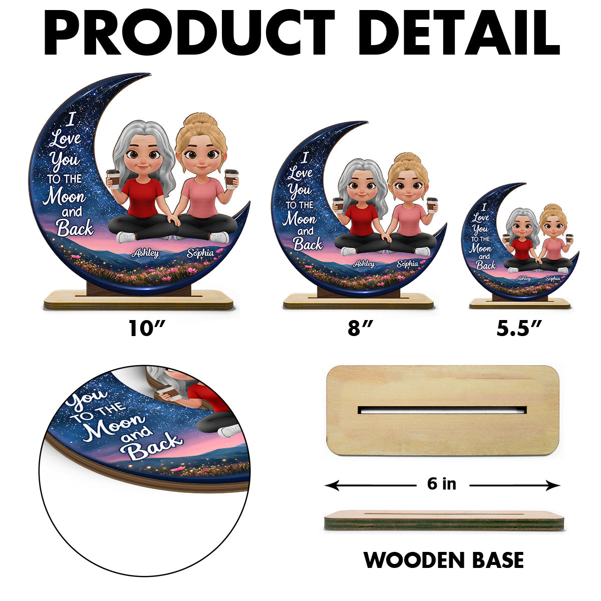 I Love You To The Moon And Back Mom Daughters - Personalized 2-Layered Wooden Plaque - Heartfelt Gift For Mom, Grandma