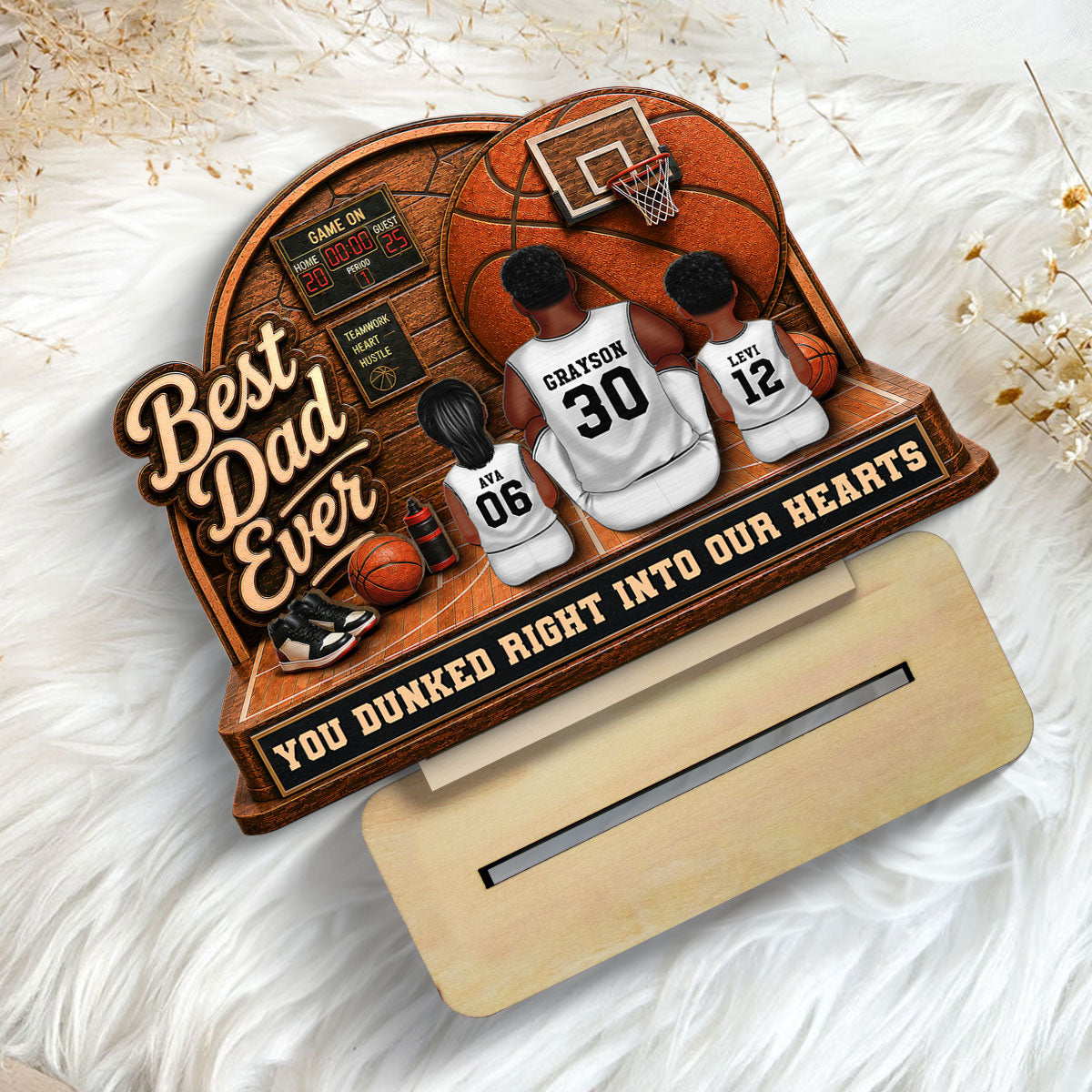 MVP Dad Back View Basketball Man & Kids 2D Flat - Personalized 2-Layered Wooden Plaque -  Gift For Basketball Dad