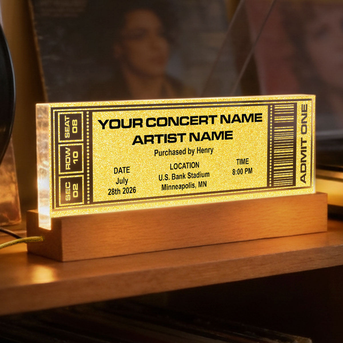 Custom Favorite Music Concert Photo Ticket - Personalized Acrylic Block LED Night Light - Valentine's Day Gift for her, for him