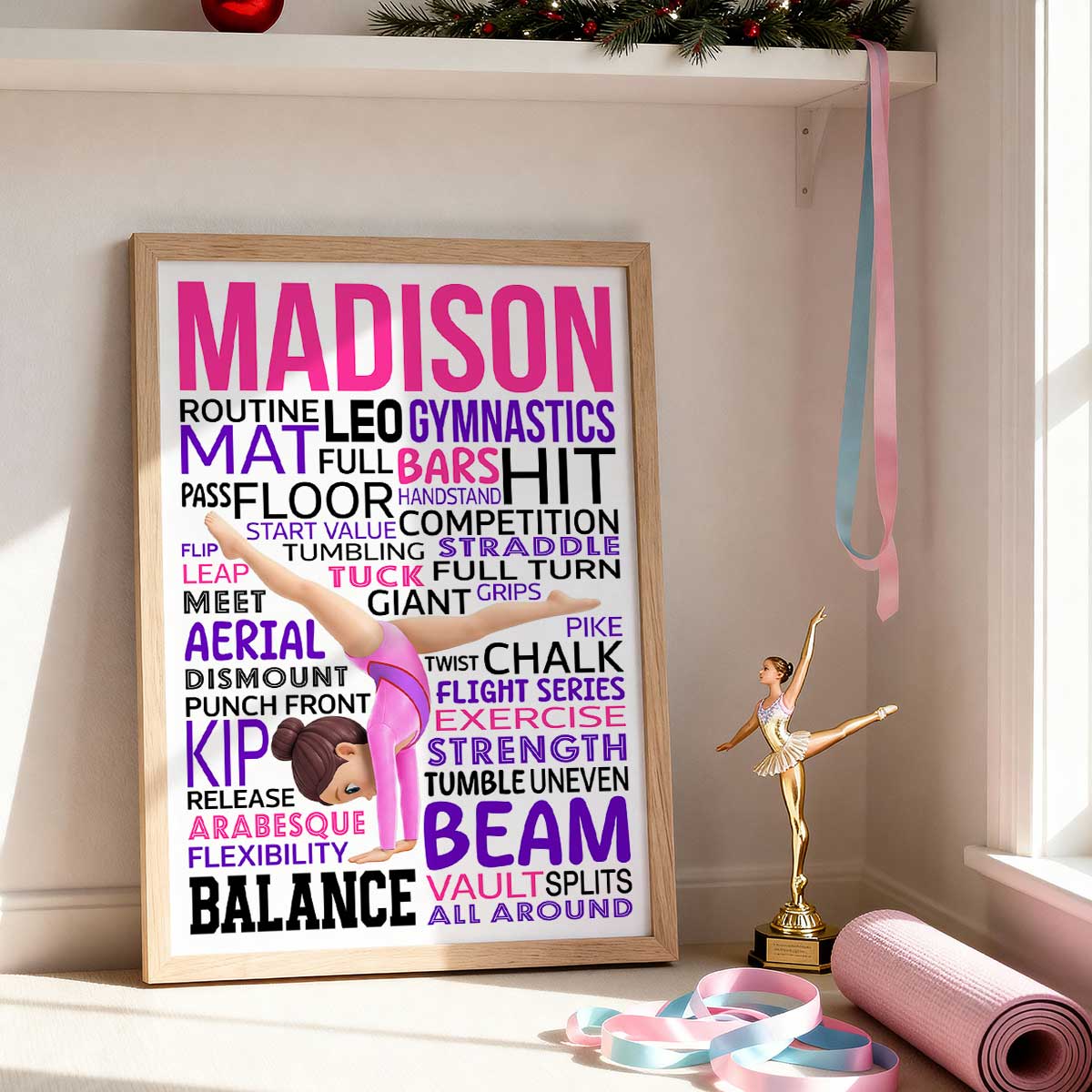 Typography Art Gymnastic Girl Cartwheel Pose - Personalized Poster - Gymnast Gift For Daughter, Granddaughter