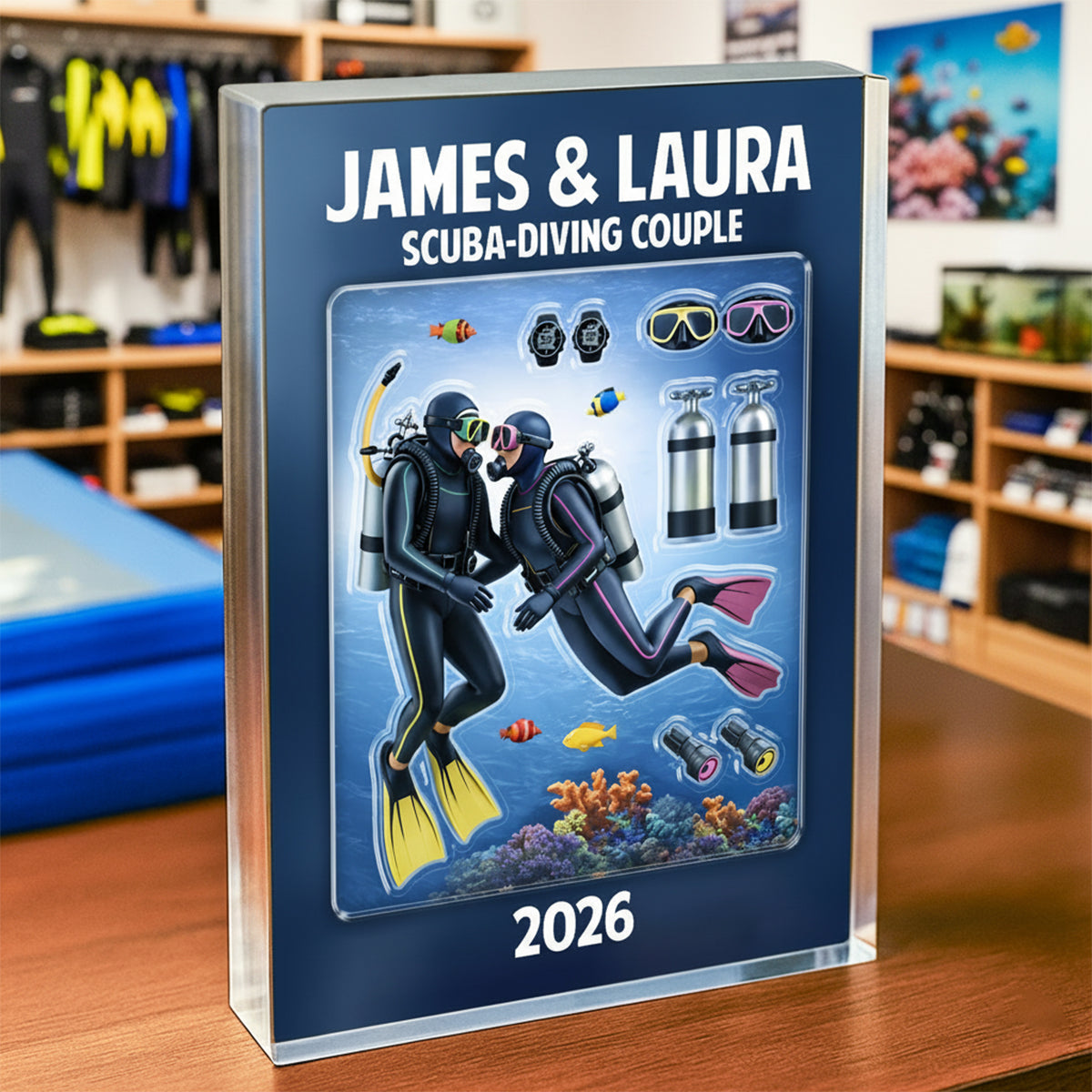 Scuba-Diving Couple Ocean Lover - Personalized Acrylic Block Plaque - Anniversary, Valentine's Day Gift, Gift For Him, Gift For Her