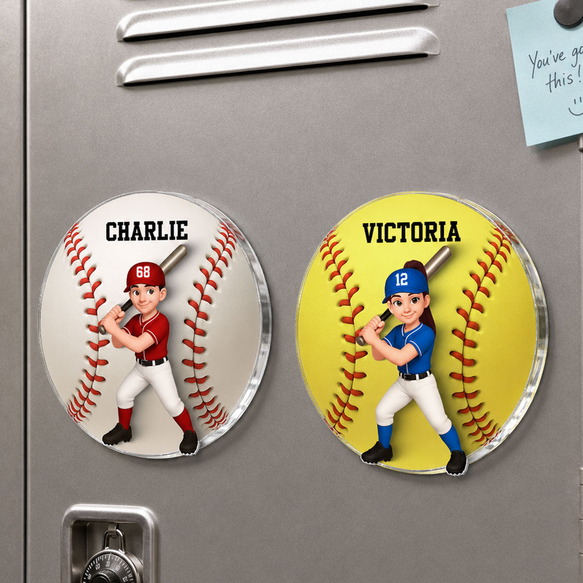 Baseball Boy & Girl - Personalized Acrylic Locker Magnet - Back To School Gift For Daughters, Sons, Grandkids, Teenagers, Teen Girl, Teen Boy