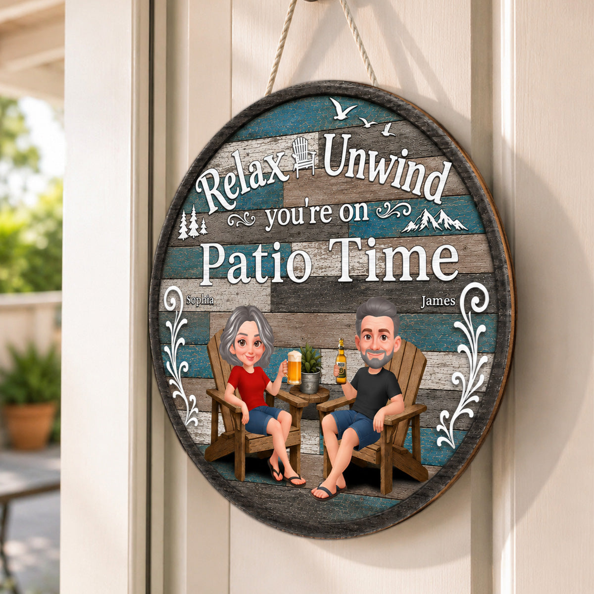 Relax Unwind You're On Patio Time - Personalized Round Wood Sign - Decor Patio Sign
