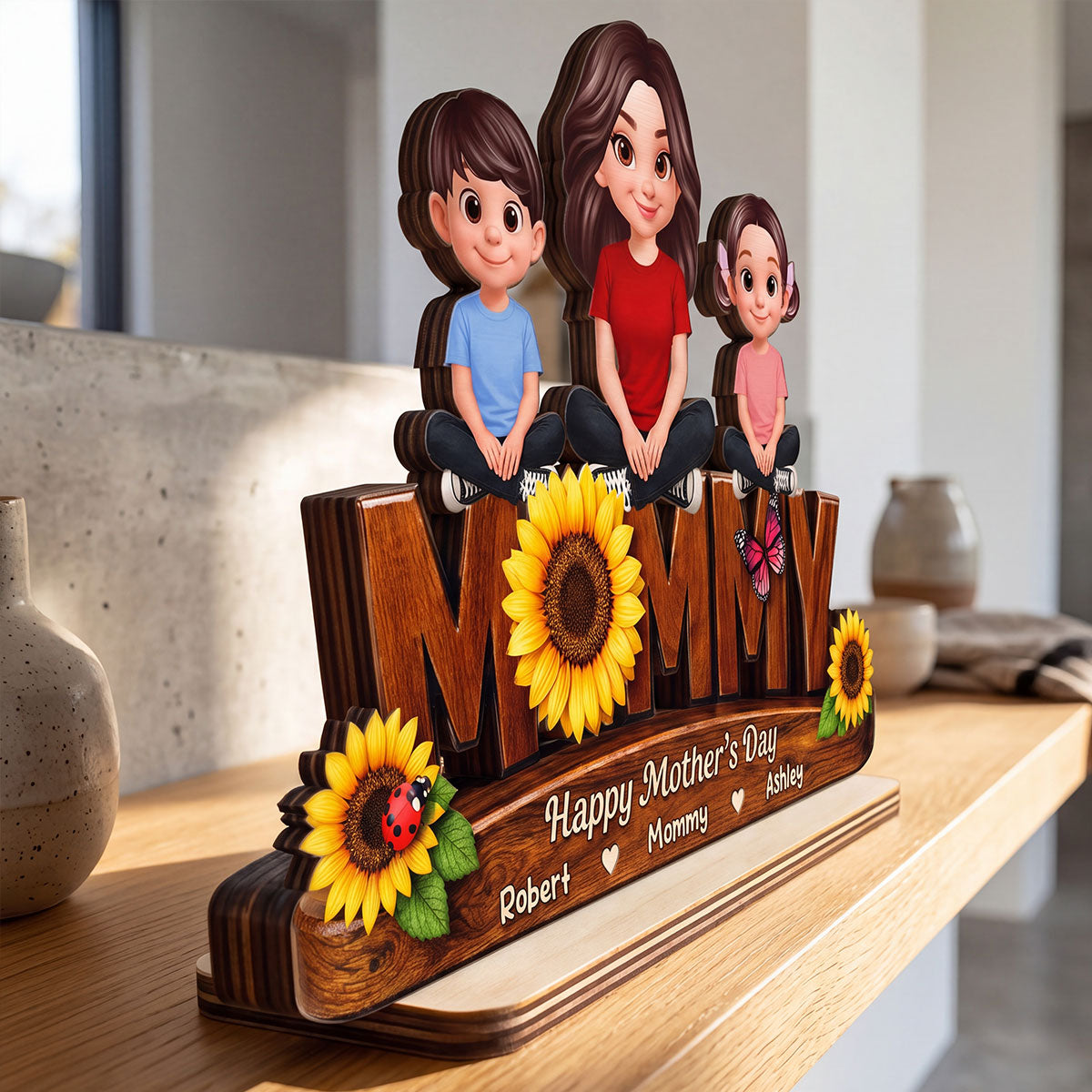 Sunflower Mom And Kids - Personalized 2-Layered Wooden Plaque - Mother's Day Gift For Mom, Wife
