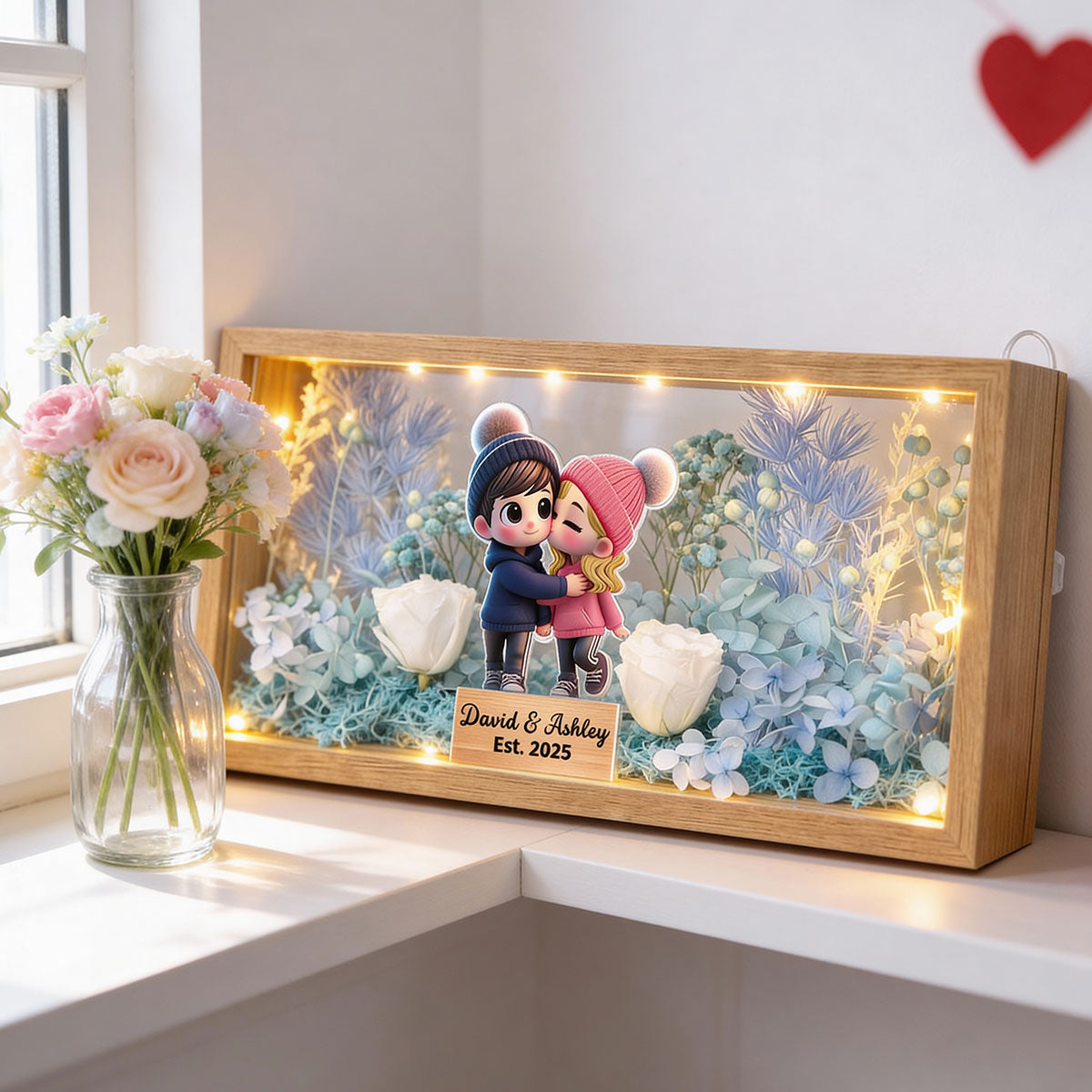 Eternal Love Cute Cartoon Chibi Couple Couple - Personalized DIY Flower Shadow Box LED Night Light - Gift For Couple, For Him, For Her