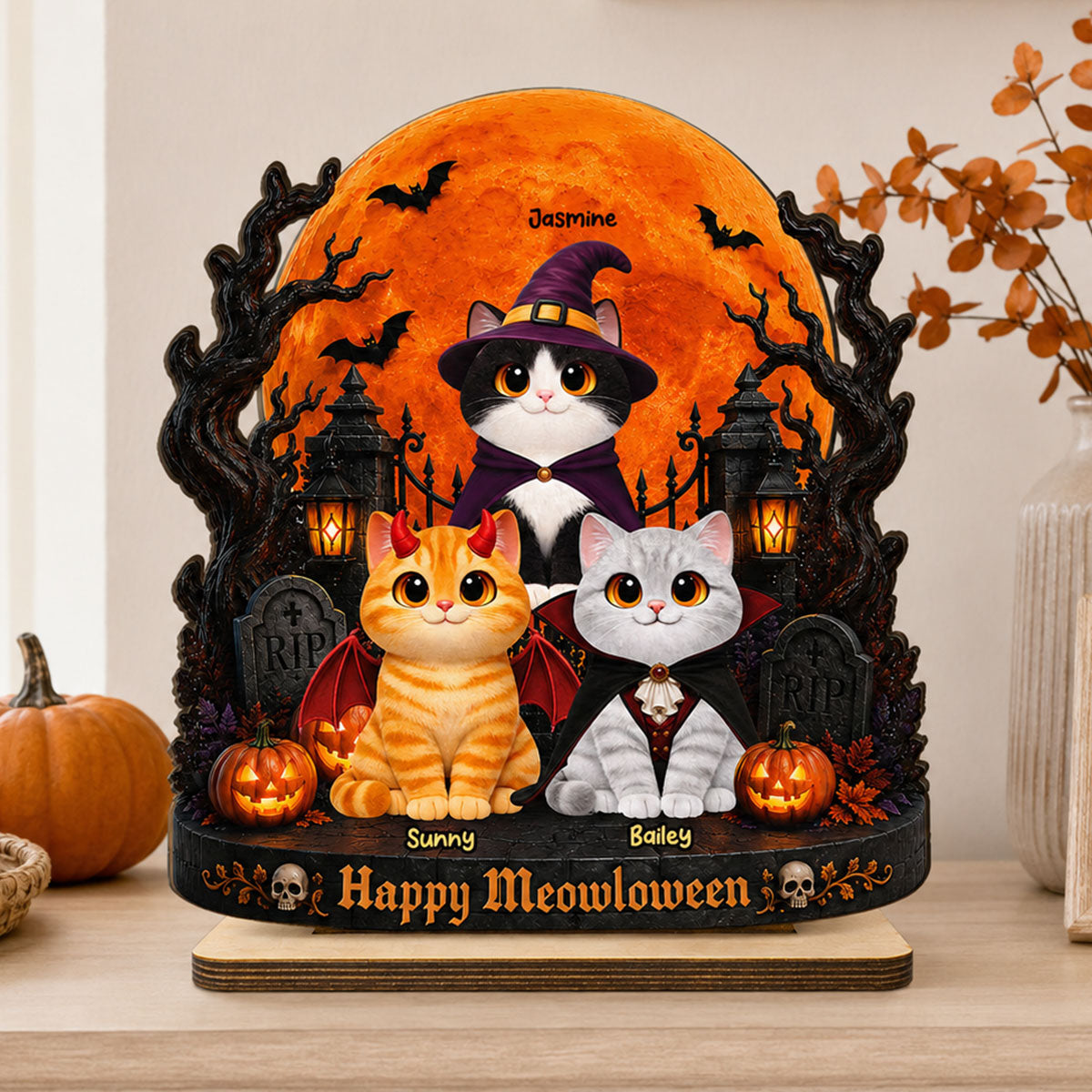 Spooky Halloween Cats Under Moonlight - Personalized 2-Layered Wooden Plaque - Halloween Decor For Cat Lovers