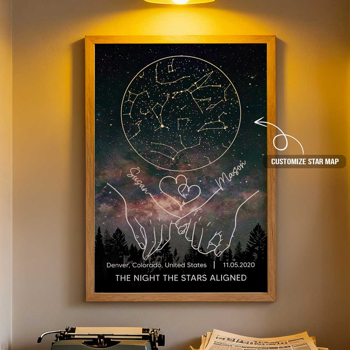 Couple Holding Hands Line Art Custom Star Map Anniversary Date - Personalized Poster - Valentine's Day Gift For Couple