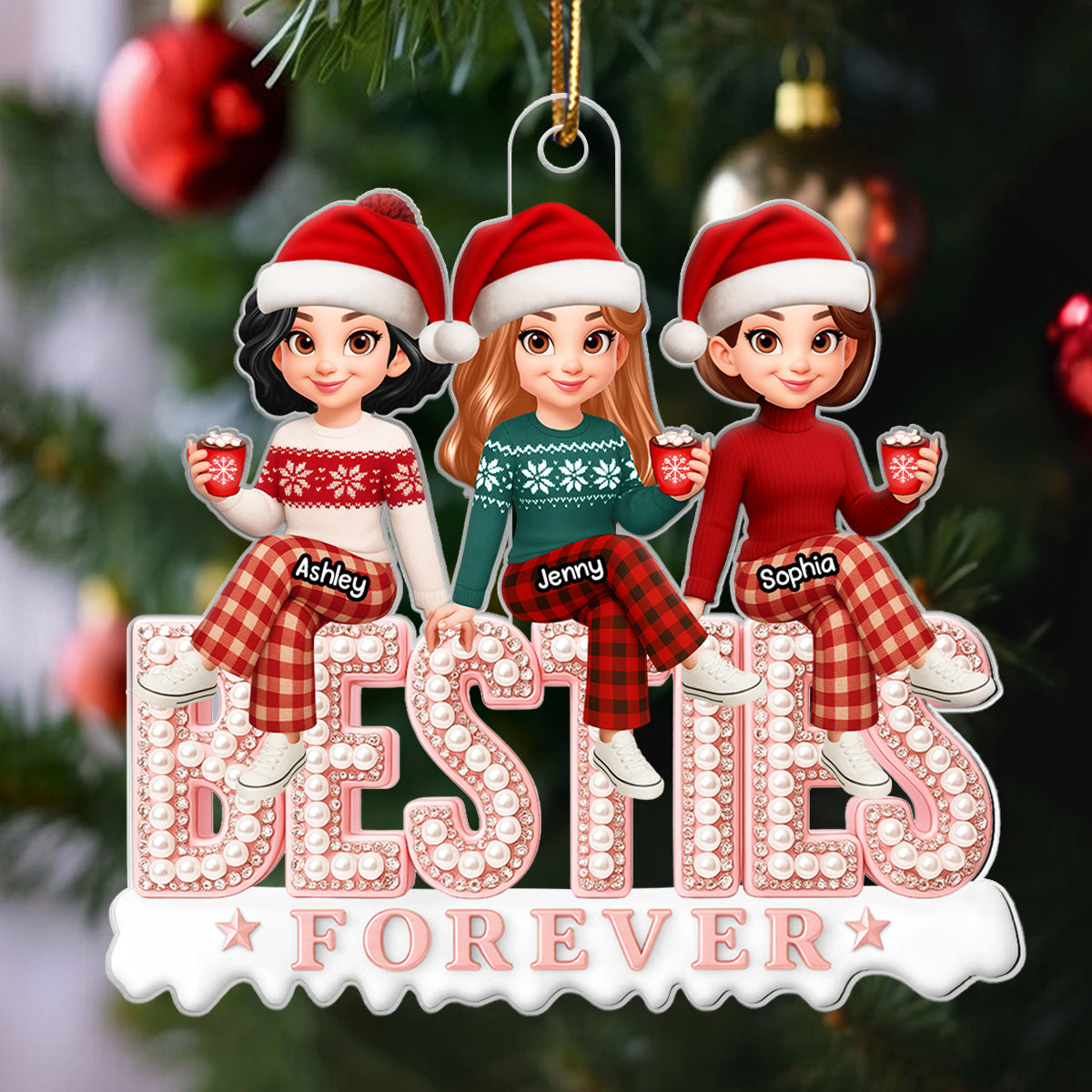 3D Pearl Rhinestone Besties - Personalized Acrylic Ornament - Christmas Gift for Best Friends