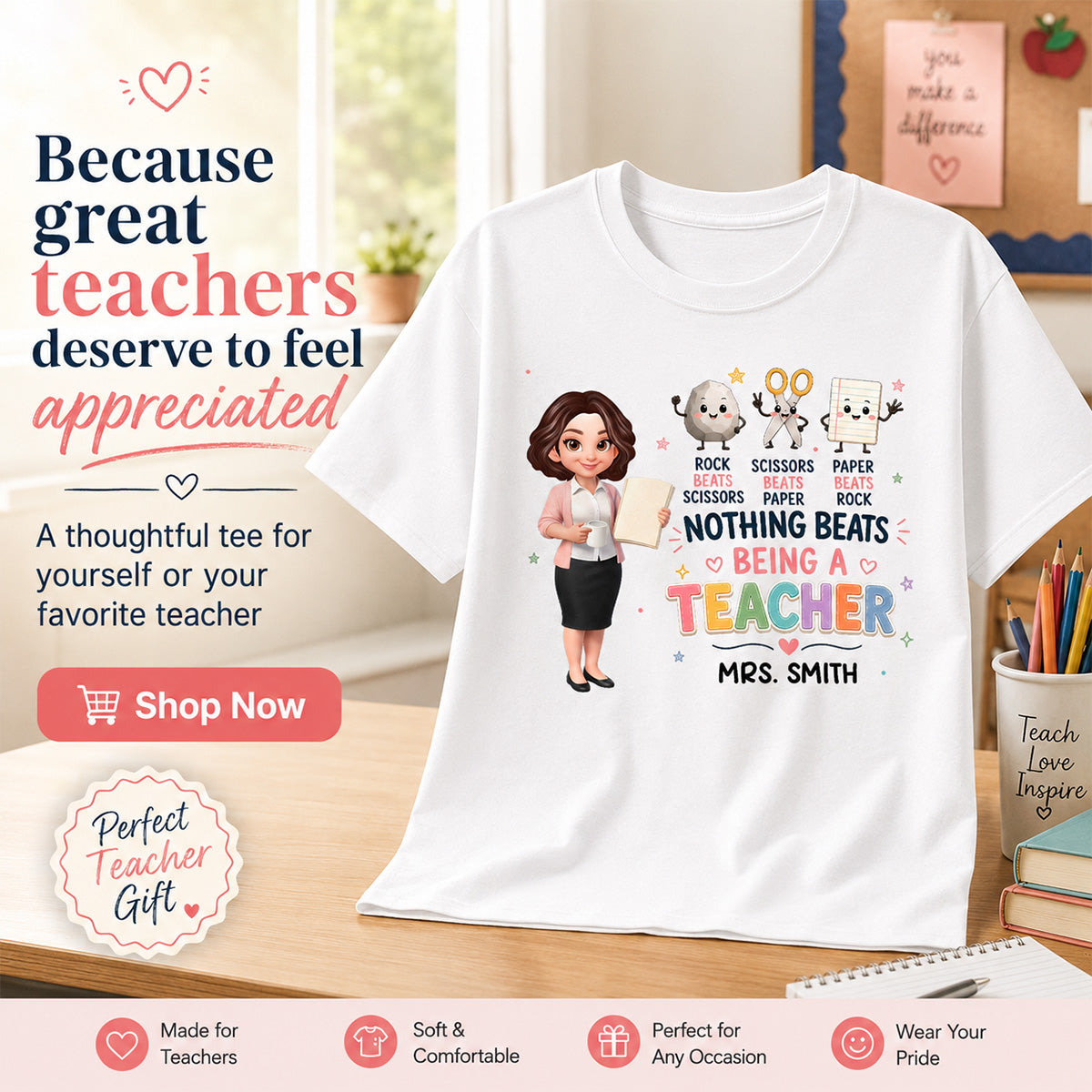 Rock Paper Scissors Nothing Beats Teacher - Personalized Shirt