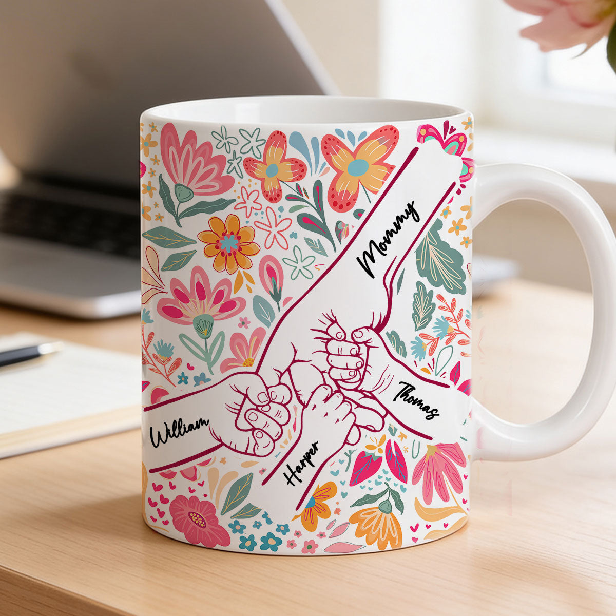 Kids Holding Hand Outline Floral Boho - Personalized Mug - Mother's Day Gift For Mom Grandma