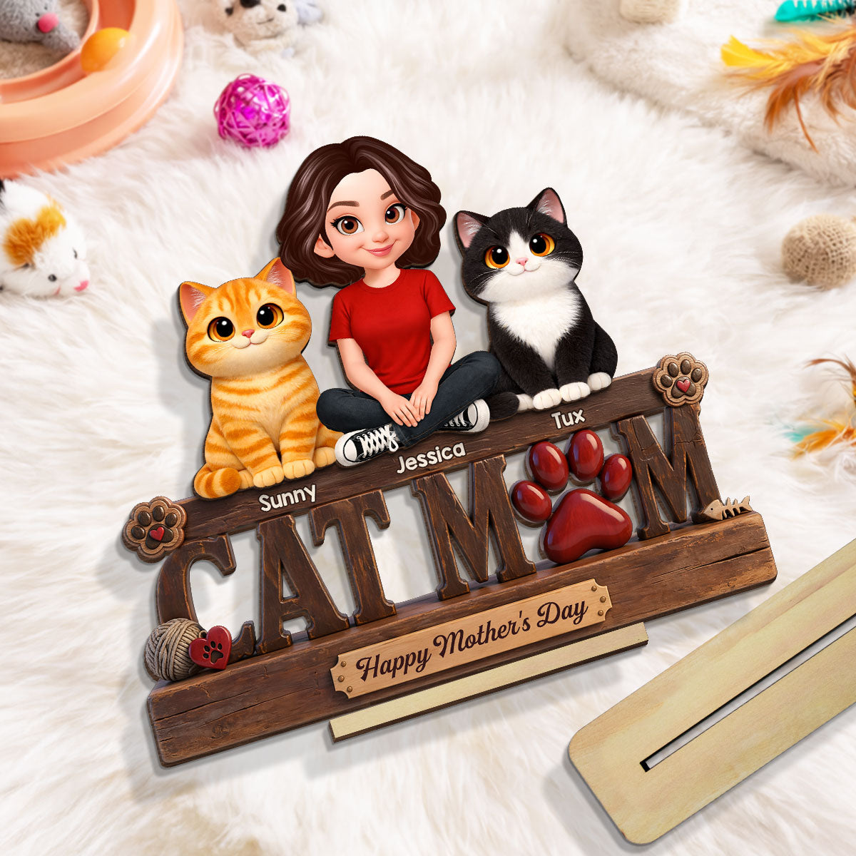 Cat Mom Cute Fluffy Cats Happy Mother's Day - Personalized 2-Layered Wooden Plaque - Mother's Day Gift For Cat Mom