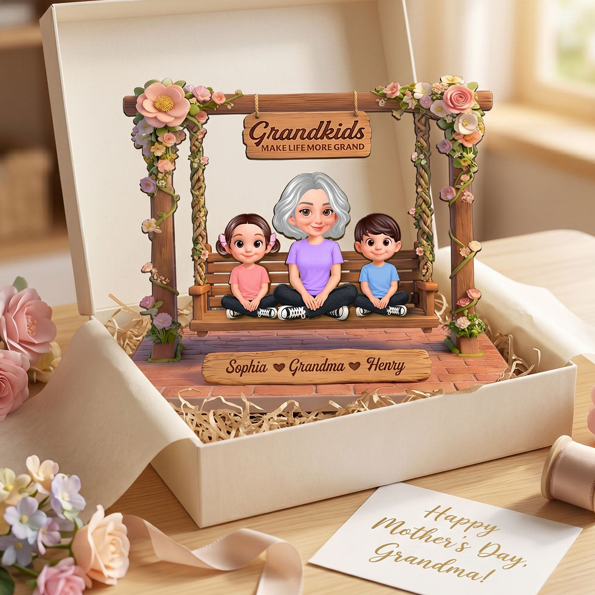 Where Love Gently Swings Grandma Grandkids - Personalized 2-Layered Wooden Plaque - Gift For Grandma