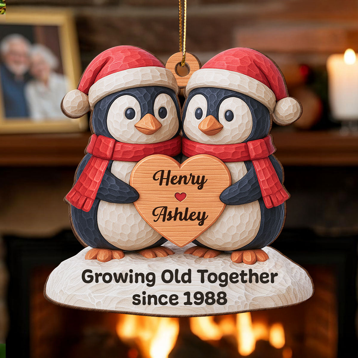 Christmas Penguin Couple - Personalized Wooden Ornament - Christmas Gift for Couple