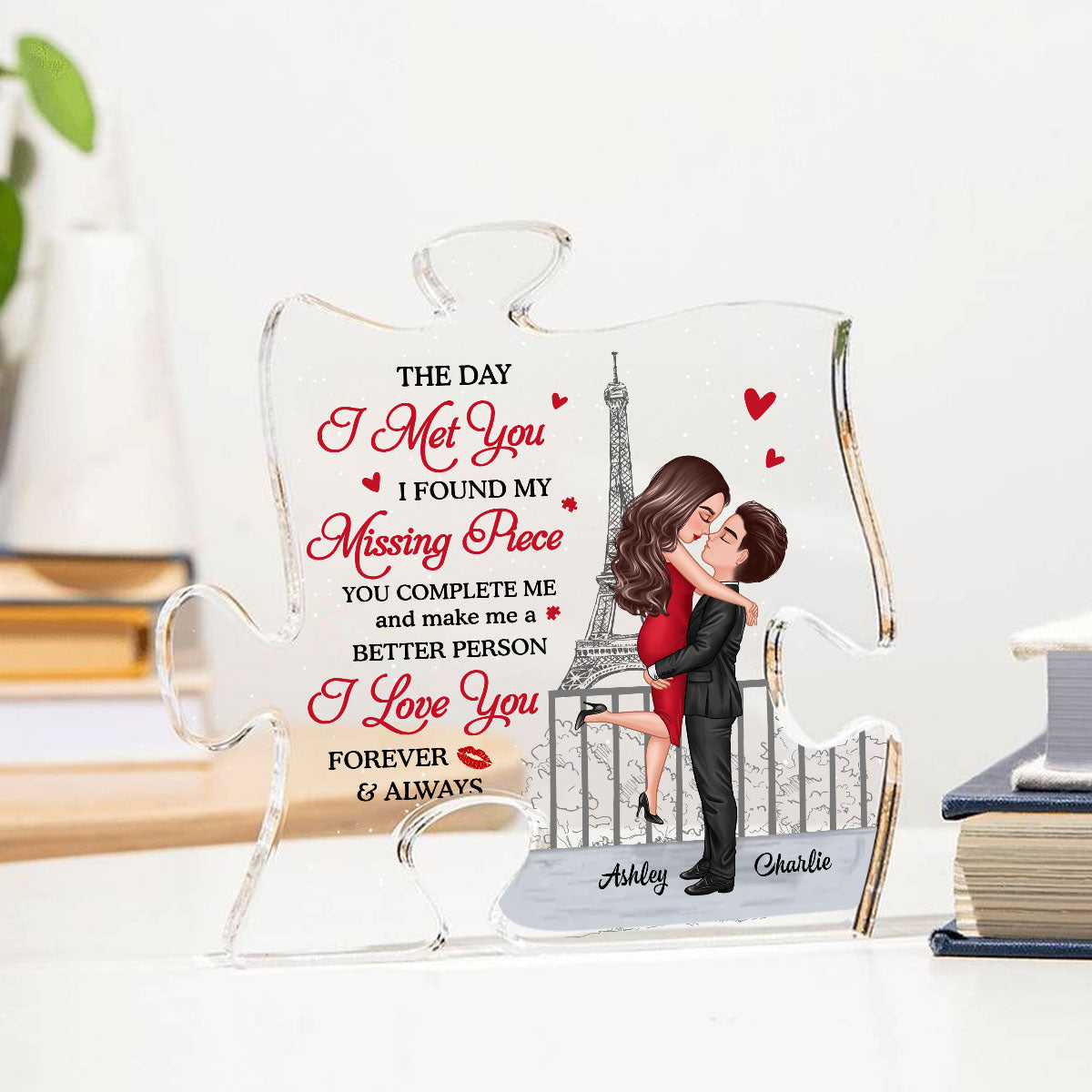 The Day I Met You I Found My Missing Piece, Personalized Couple Puzzle Shaped Acrylic Plaque, Gift For Husband Wife, Anniversary, LGBTQ+