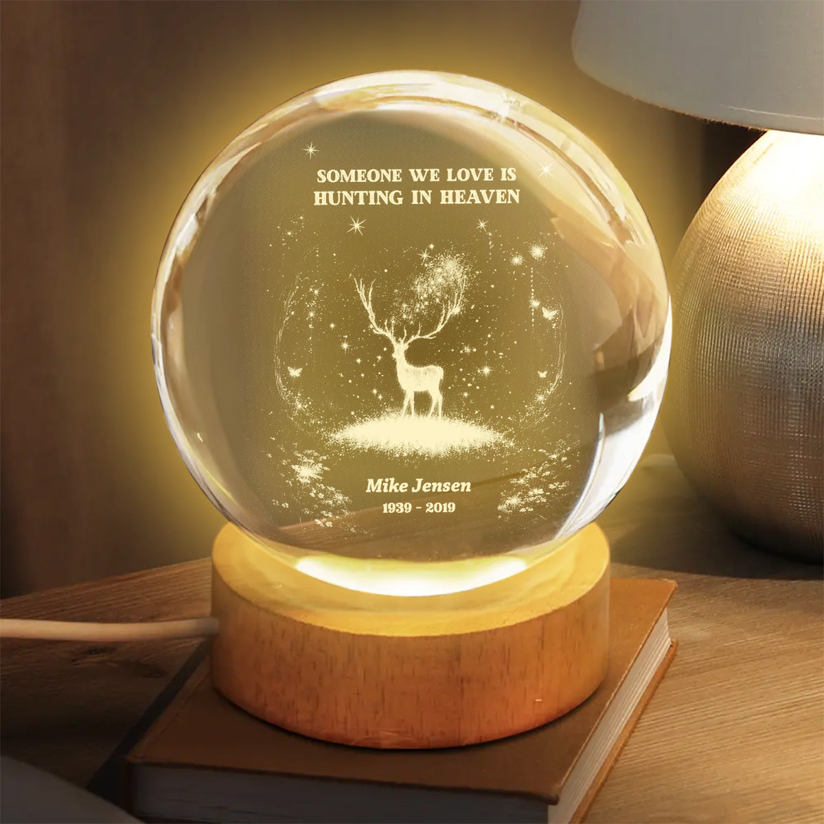 Gone Hunting In Heaven - Personalized Crystal Ball LED Night Light - Memorial Remembrance Keepsake For Hunting Lover