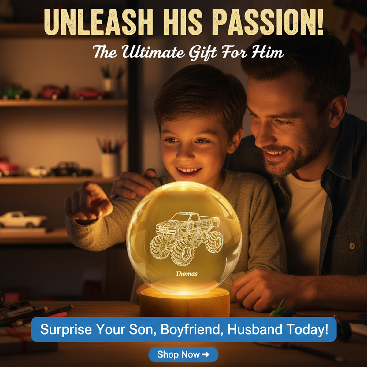 Boy Man Hobby Illusion Art - Personalized Crystal Ball LED Night Light - Gift For Him, Gift For Son, Boyfriend, Husband