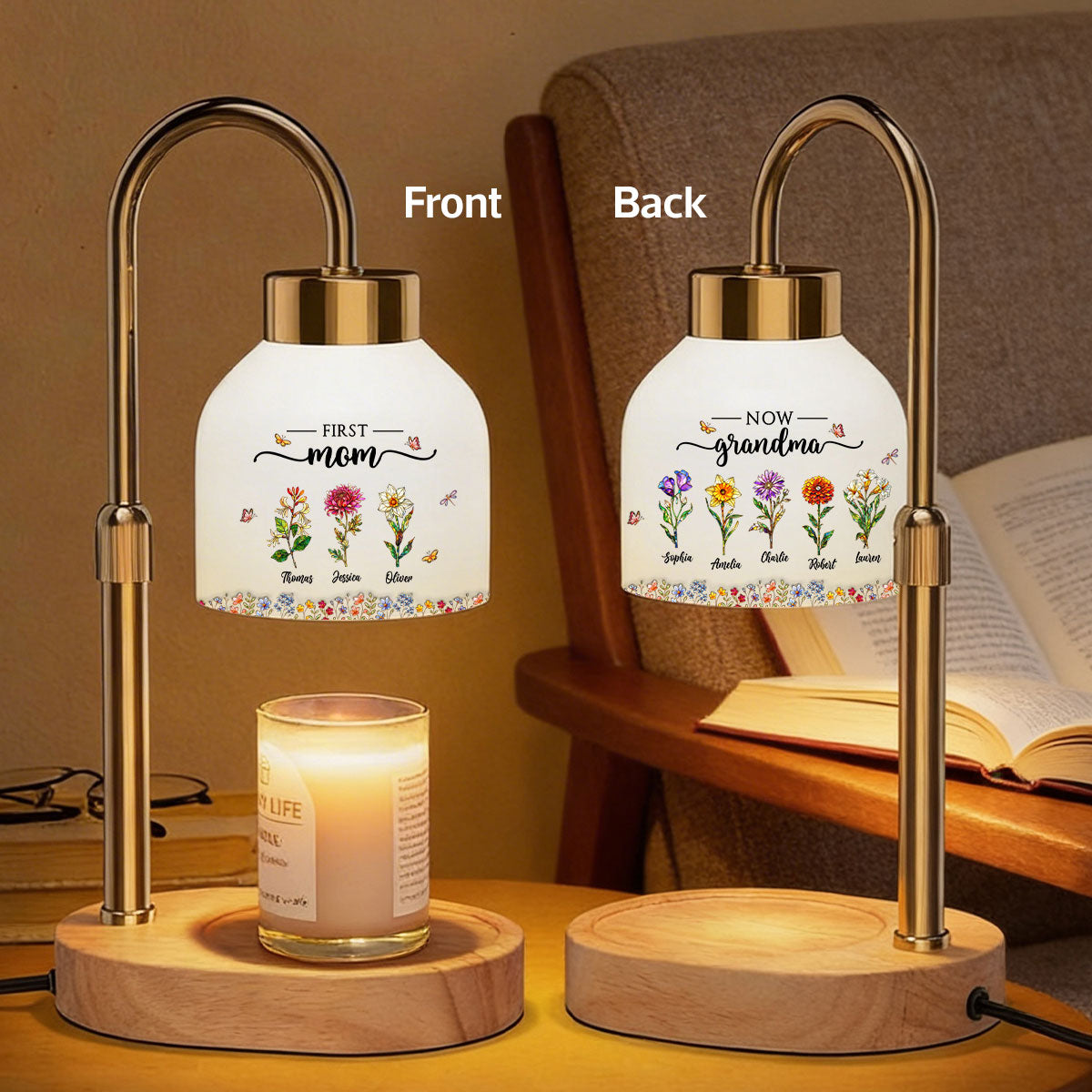 First Mom Now Grandma Custom Birth Flower - Personalized Candle Warmer Lamp - Heartfelt Mother's Day Gift for Grandma, Mom, Wife