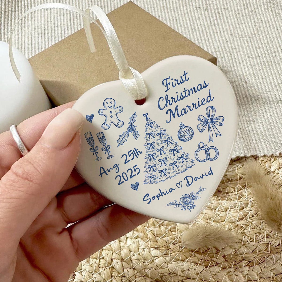 First Christmas Married Toile De Jouy Pattern - Personalized Ceramic Ornament - Christmas Gift For Him, For Her, For Couple