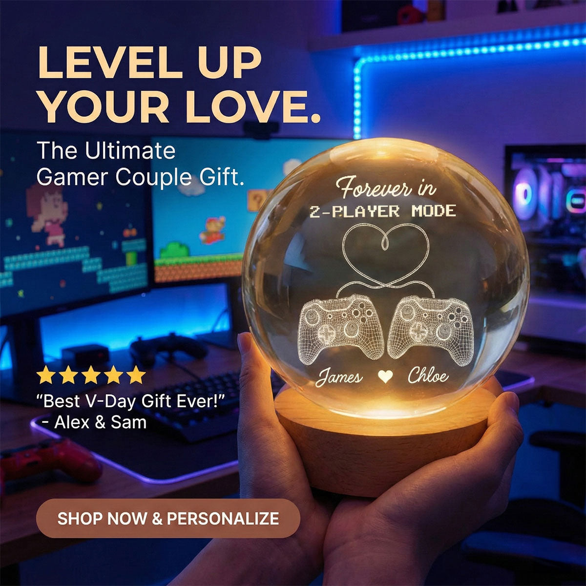 Forever In 2-Player Mode Game Controllers - Personalized Crystal Ball LED Night Light - Gamer Couple Gift