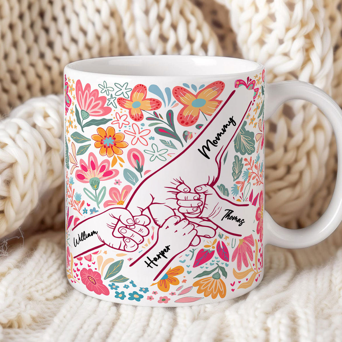 Kids Holding Hand Outline Floral Boho - Personalized Mug - Mother's Day Gift For Mom Grandma