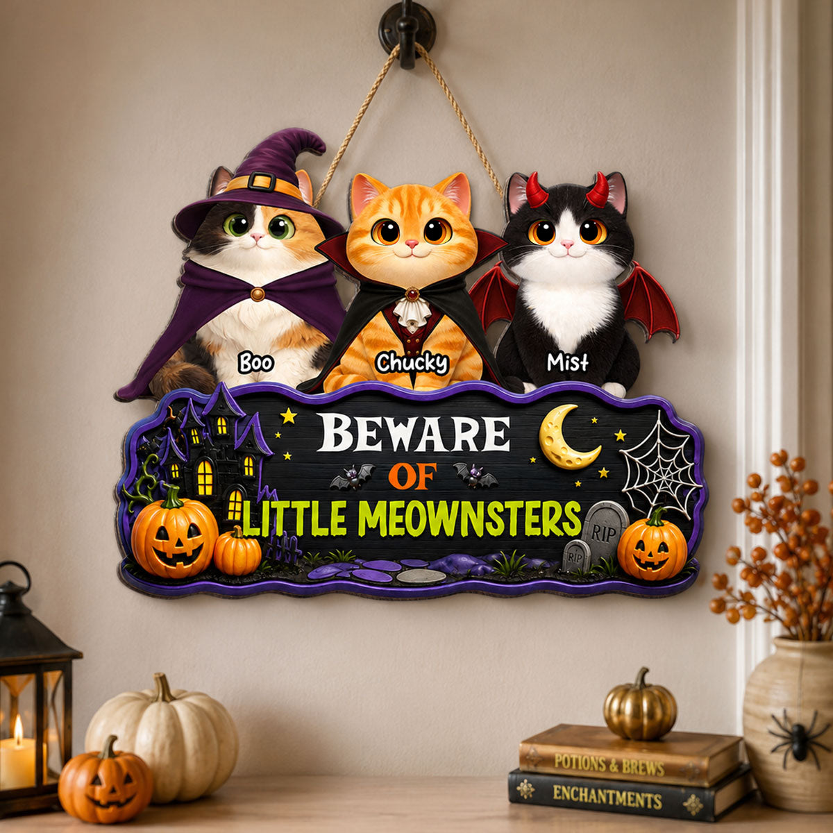Spooky Halloween Beware of Little Cats Meownsters - Personalized Wood Sign - Halloween Gift For Cat Lovers, Halloween Decor