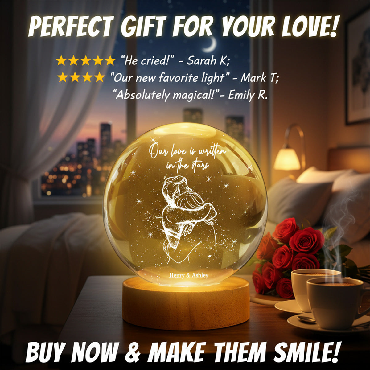 Our Love Written In the Stars Couple Hugging - Personalized Crystal Ball LED Night Light