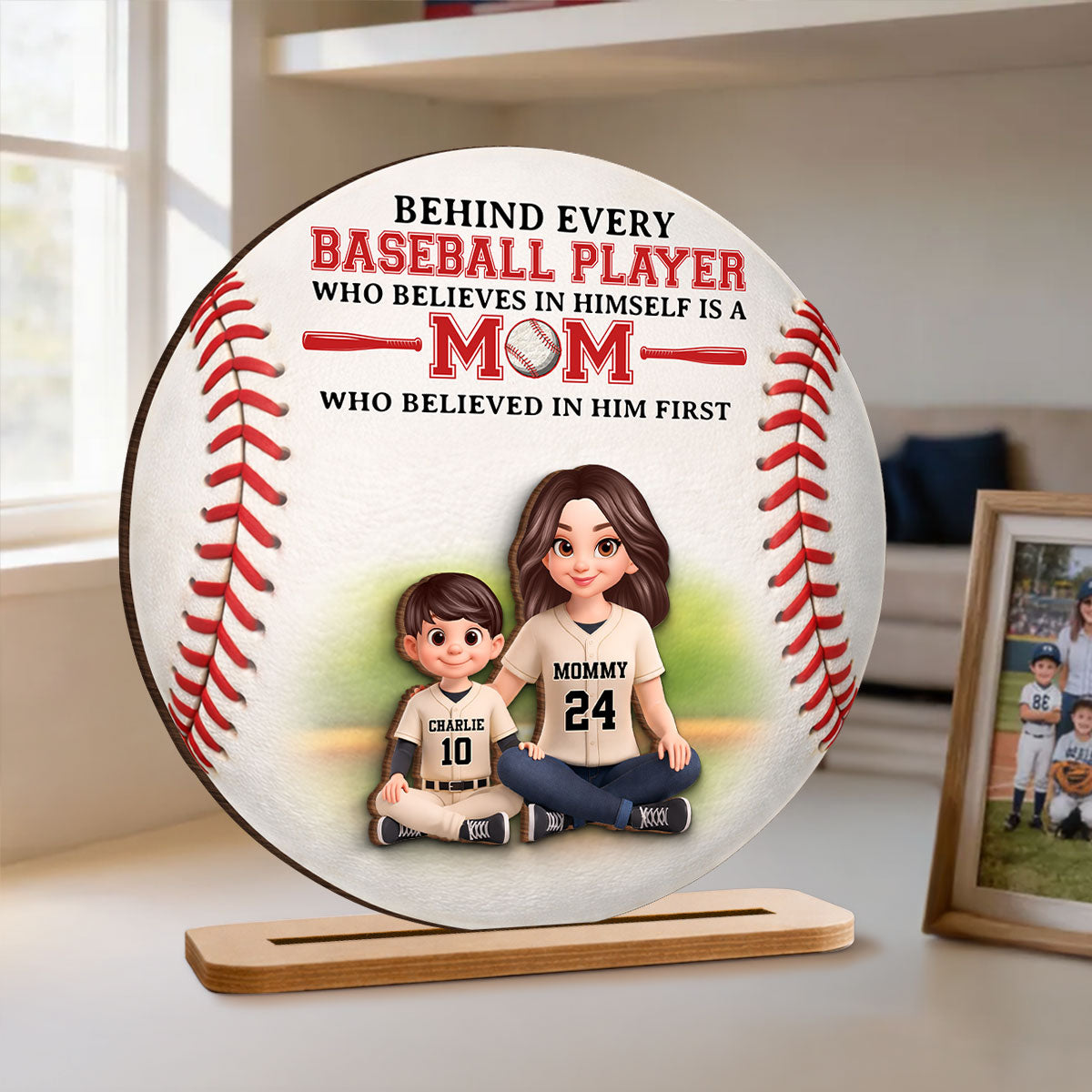 Behind Every Baseball Player Is Mom - Personalized 2-Layered Wooden Plaque - Heartfelt Gift For Mom, Grandma