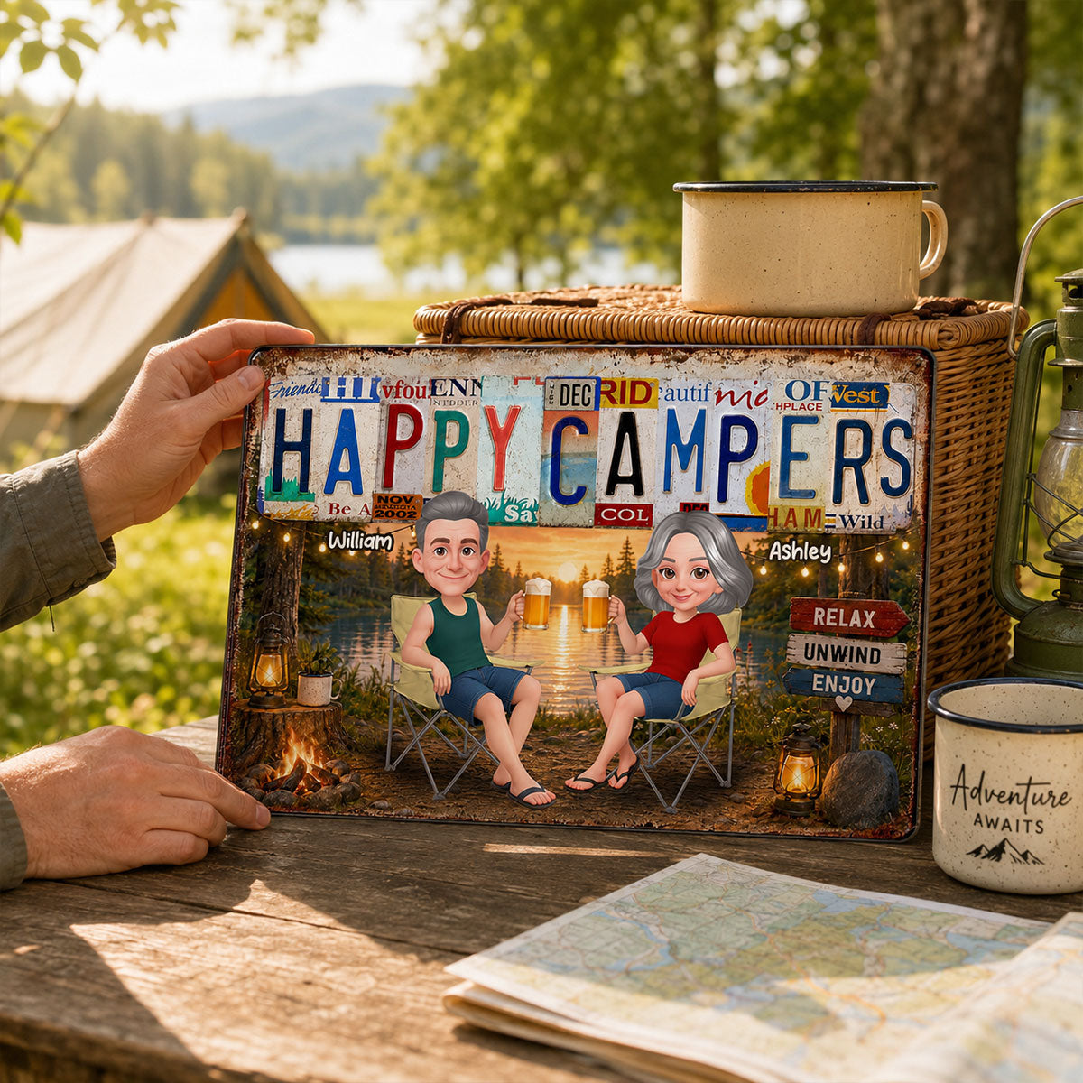 Happy Campers Camping Couple License Plate Style - Personalized Metal Sign - Gift For Campers