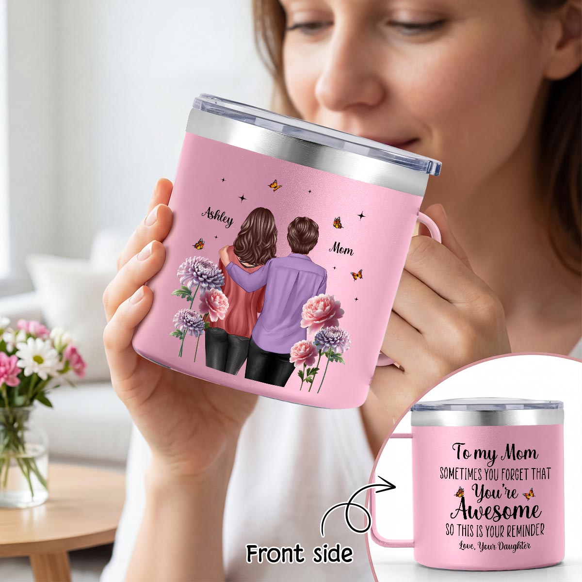 To My Mom You're Awesome Birth Flower - Personalized Stainless Steel Tumbler With Handle - Mother's Day Gift For Mom From Daughter