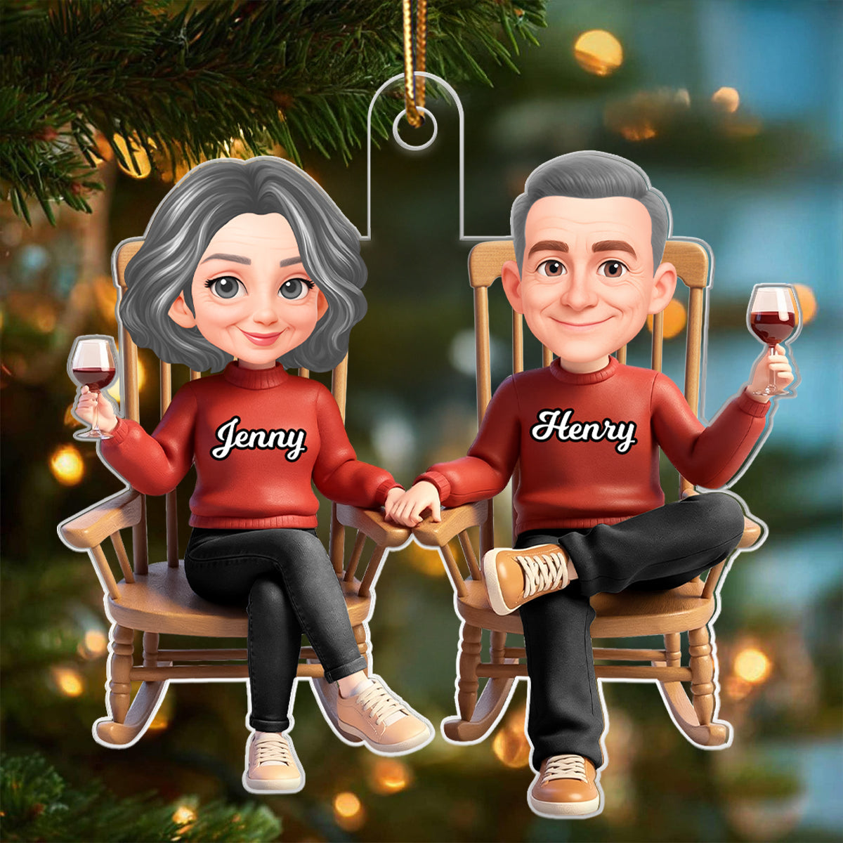 His and Hers Cartoon Couple Sitting on Rocking Chair - Personalized Acrylic Ornament - Christmas Gift for him, Gift for her