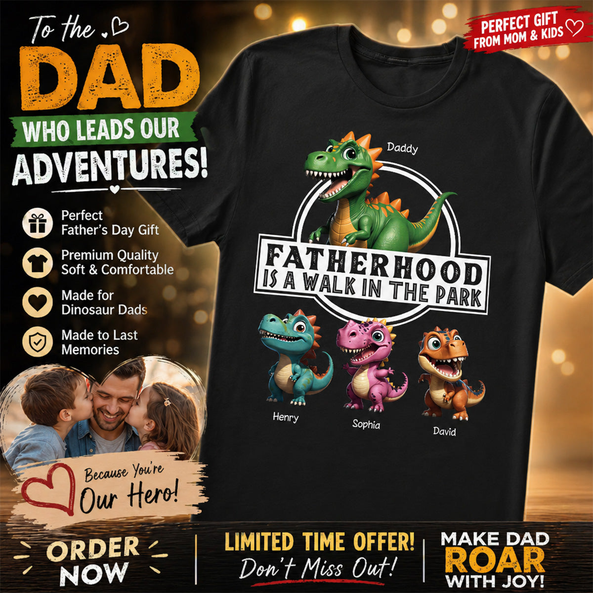 Fatherhood Is A Walk In The Park Dinosaurs Dad & Kids - Personalized Shirt - Father's Day Gift For Husband, Dad