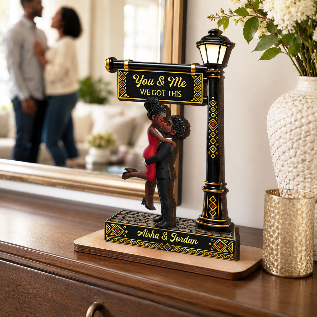 Everlasting Love Couple Together Tribal Pattern Lamp Post - Personalized 2-Layered Wooden Plaque - Anniversary Gift For Couple