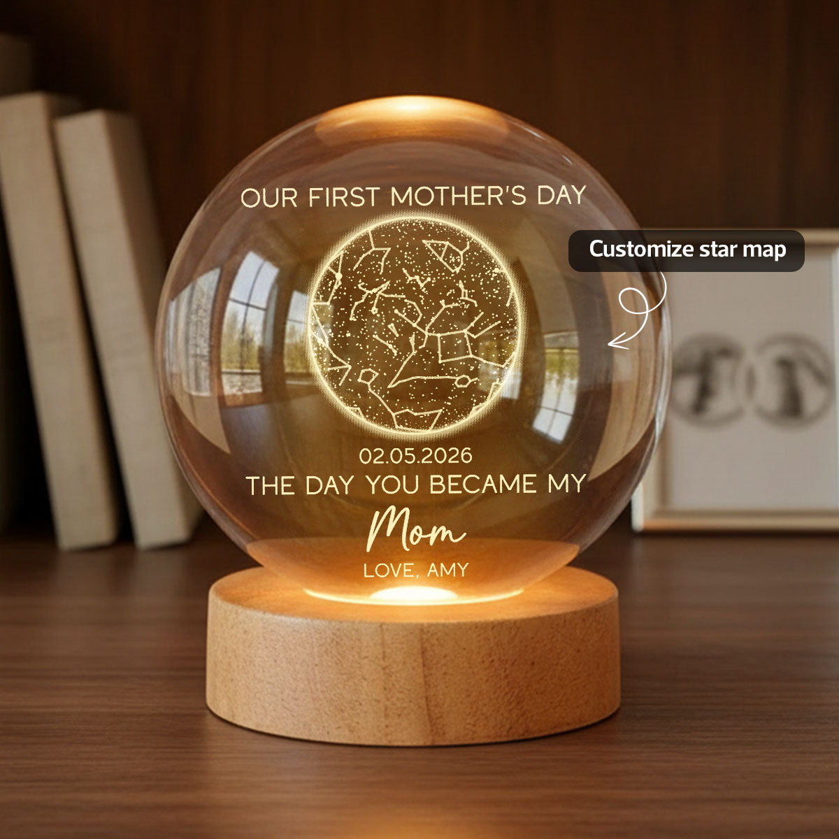 The Day You Became My Mom Custom Star Map First Mother's Day - Personalized Crystal Ball LED Night Light - First Mother's Day Gift For New Mom