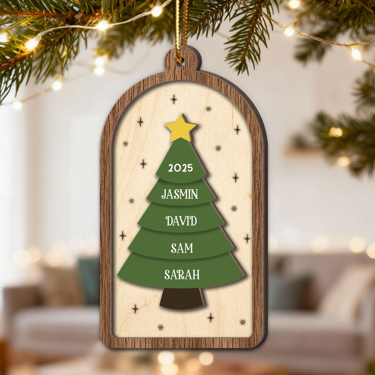 Festive Christmas Tree Family Names - Personalized 2-Layered Wooden Ornament