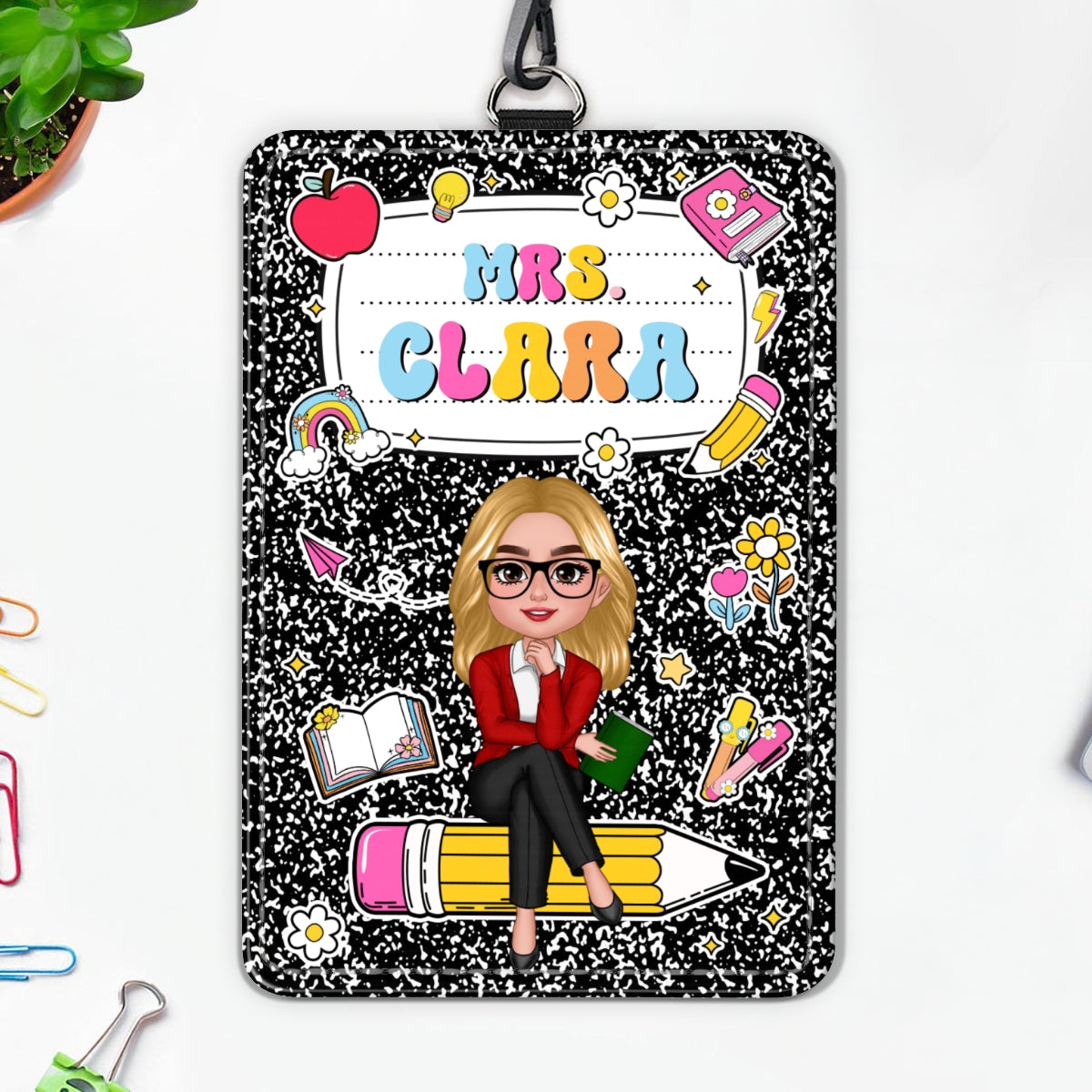 Composition Book Teacher Sitting On Pencil Name Personalized ID Badge Holder, Back To School Gift