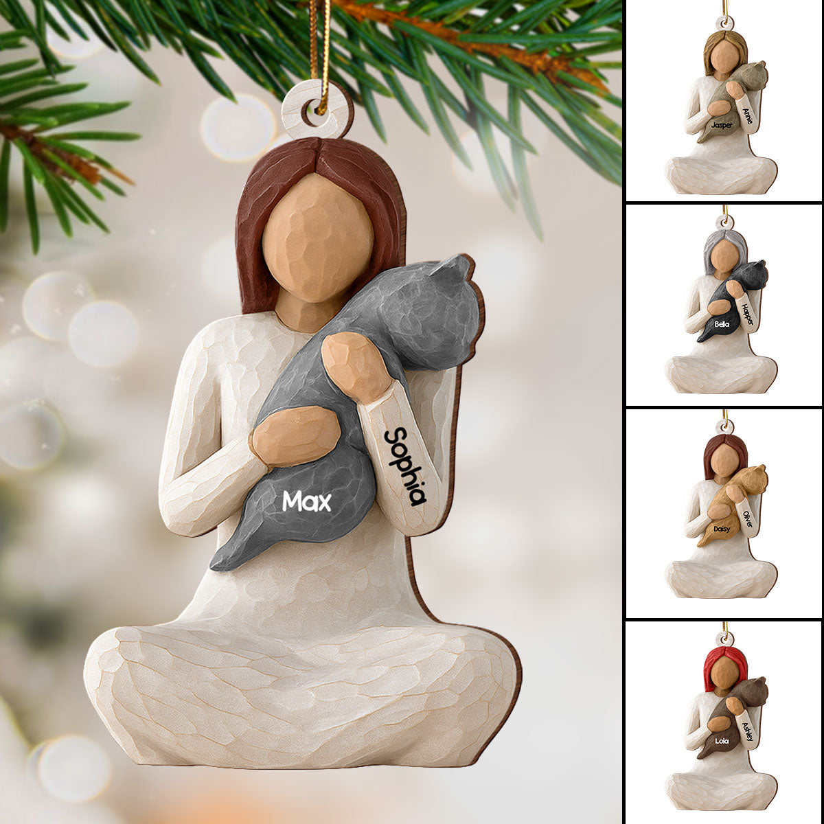 3D Effect Woman Hugging Cat - Personalized Wooden Ornament - Christmas Gift For Cat Lovers, Cat Mom