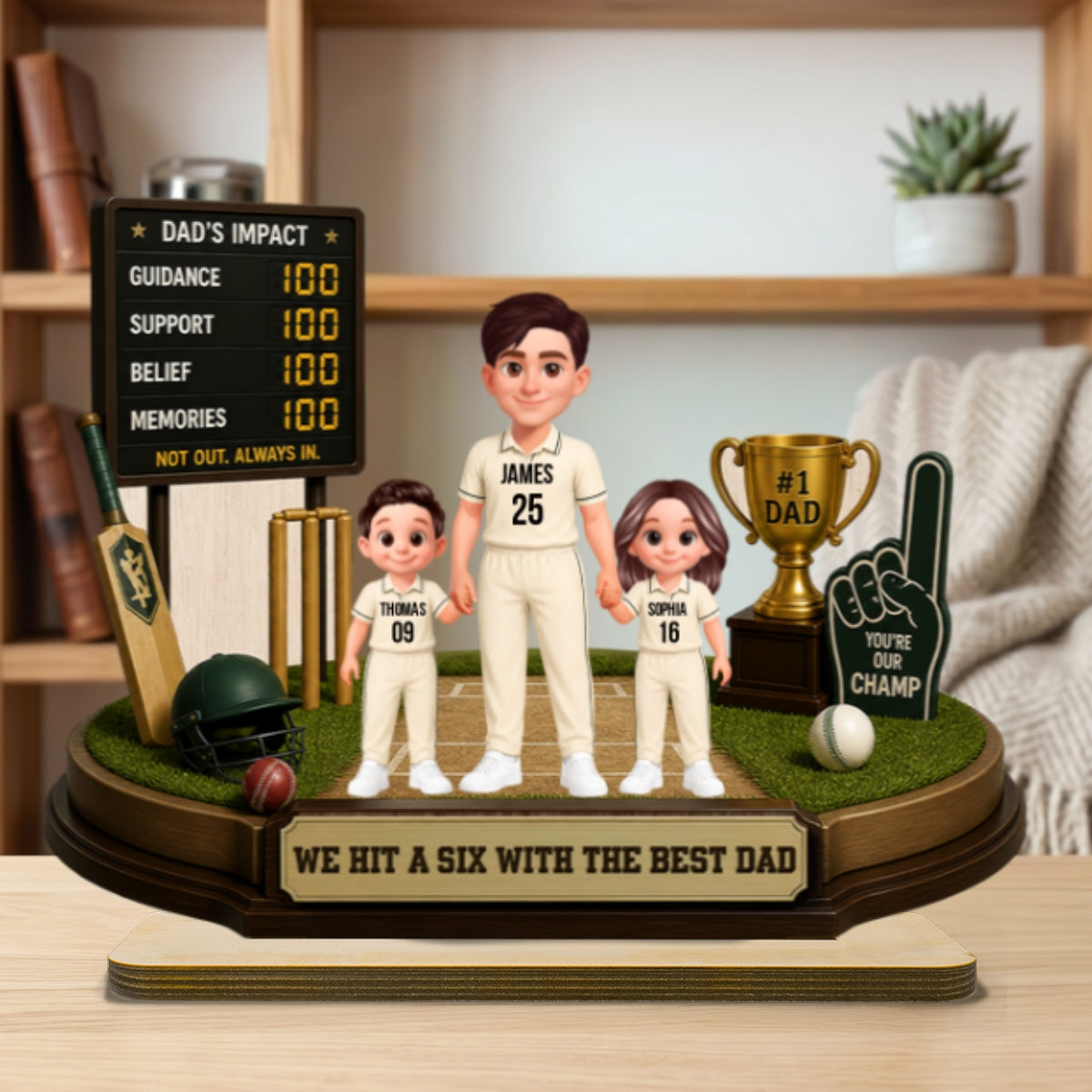 Hit A Six With The Best Dad Cricket Dad & Kids - Personalised 2-Layered Wooden Plaque -  Gift For Husband, Dad