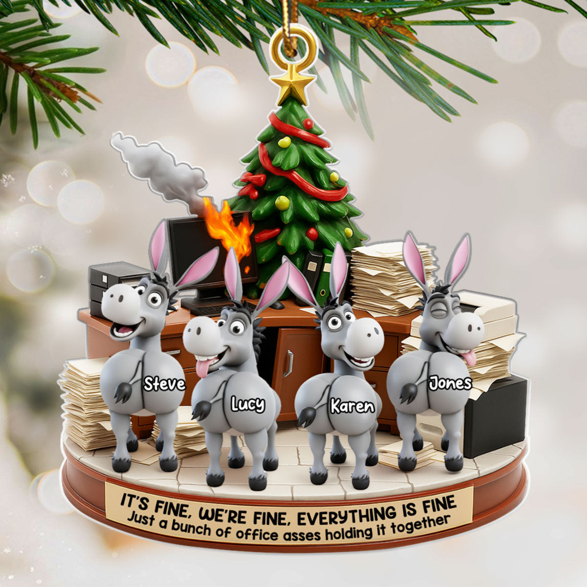 Office Chaos It's Fine We're Fine Bunch of Asses - Personalized Acrylic Ornament - Christmas Gift for Coworkers, White Elephant, Secret Santa Gift