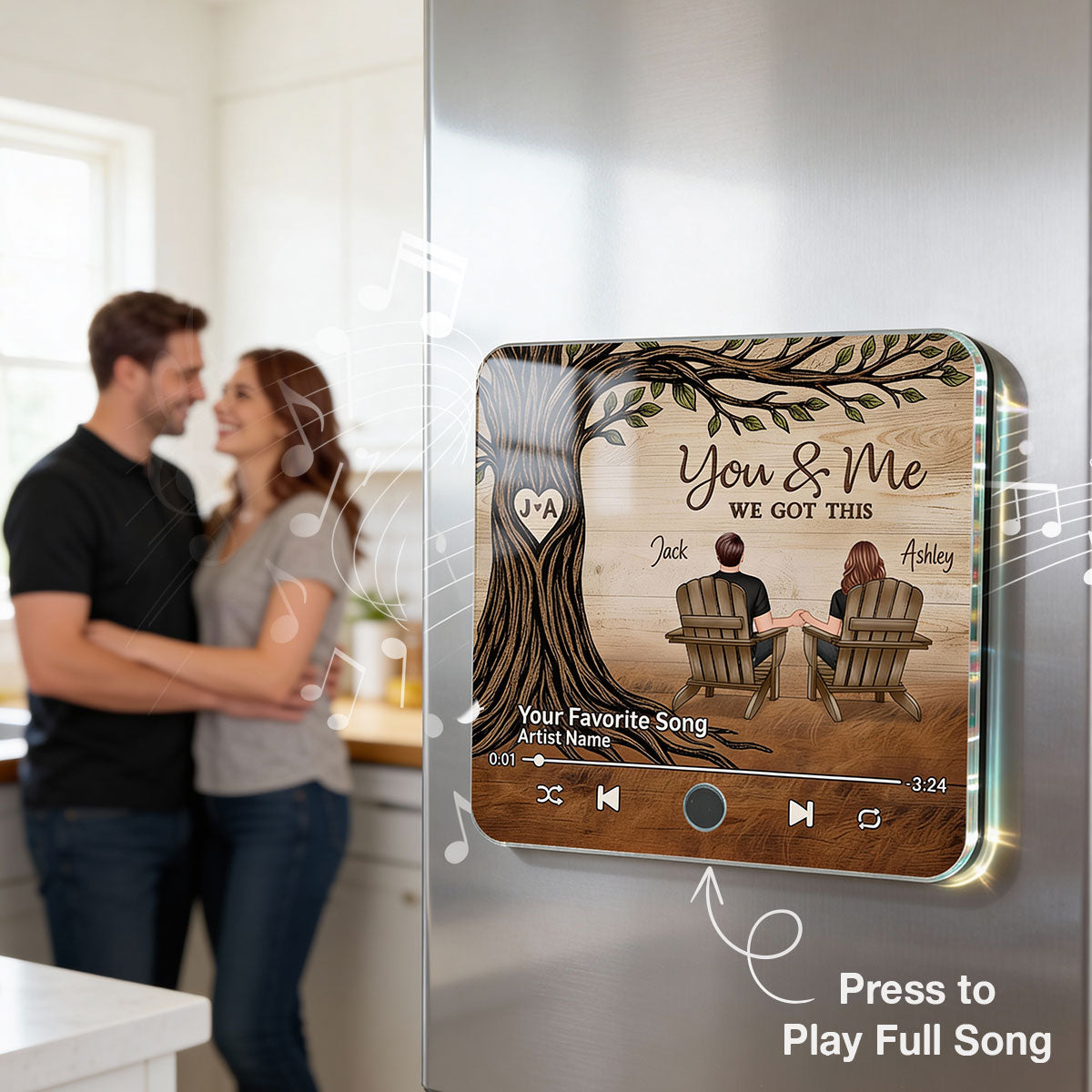 Couple Sitting Under Heart Carved Tree - Personalized Music Fridge Magnet - Valentine's Day Gift For Couple