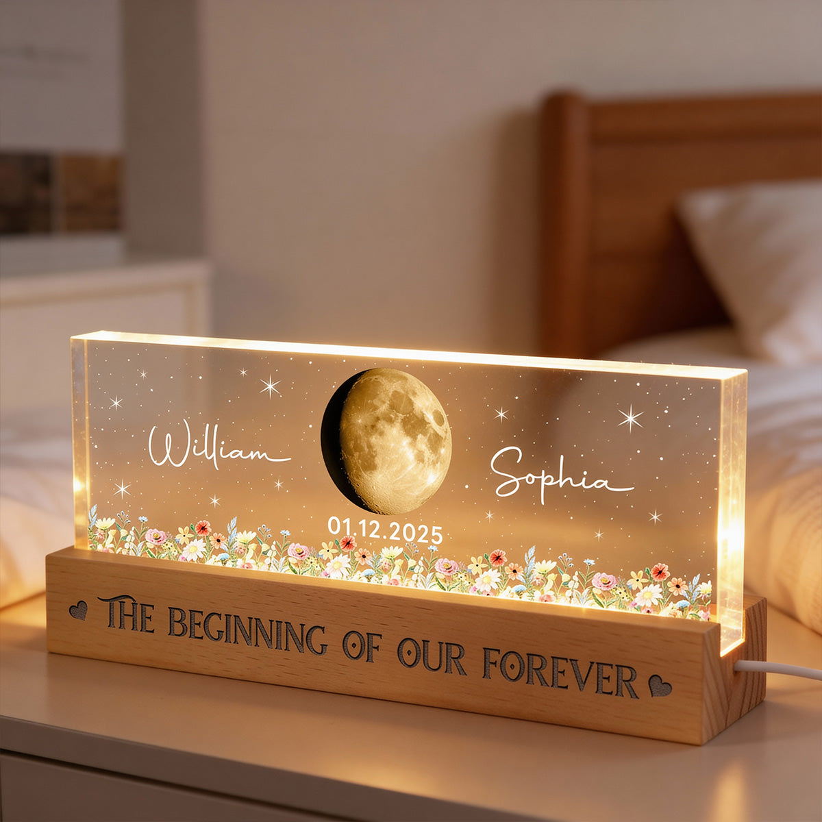 Floral Our Moon Couple Custom Moon Phase Anniversary Date - Personalized Acrylic Block LED Plaque Night Light - Gift For Couple