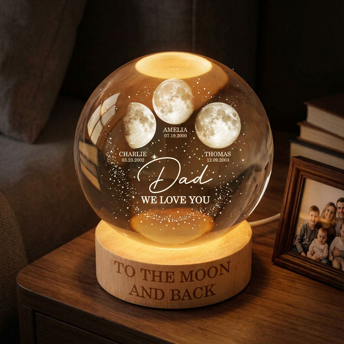 Love to the Moon and Back - Personalized Crystal Ball LED Night Light - Custom Moon Phase by Date,  Gift for Dad, Husband