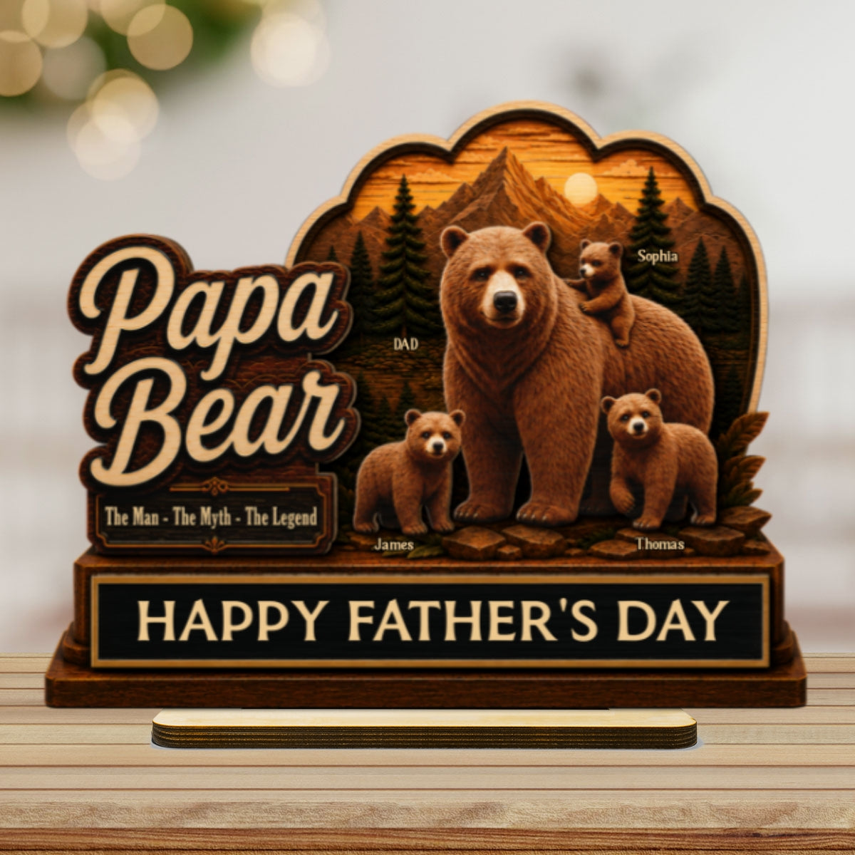 Papa Bear The Man The Myth The Legend 2D Flat - Personalized 2-Layered Wooden Plaque -  Gift For Husband, Dad
