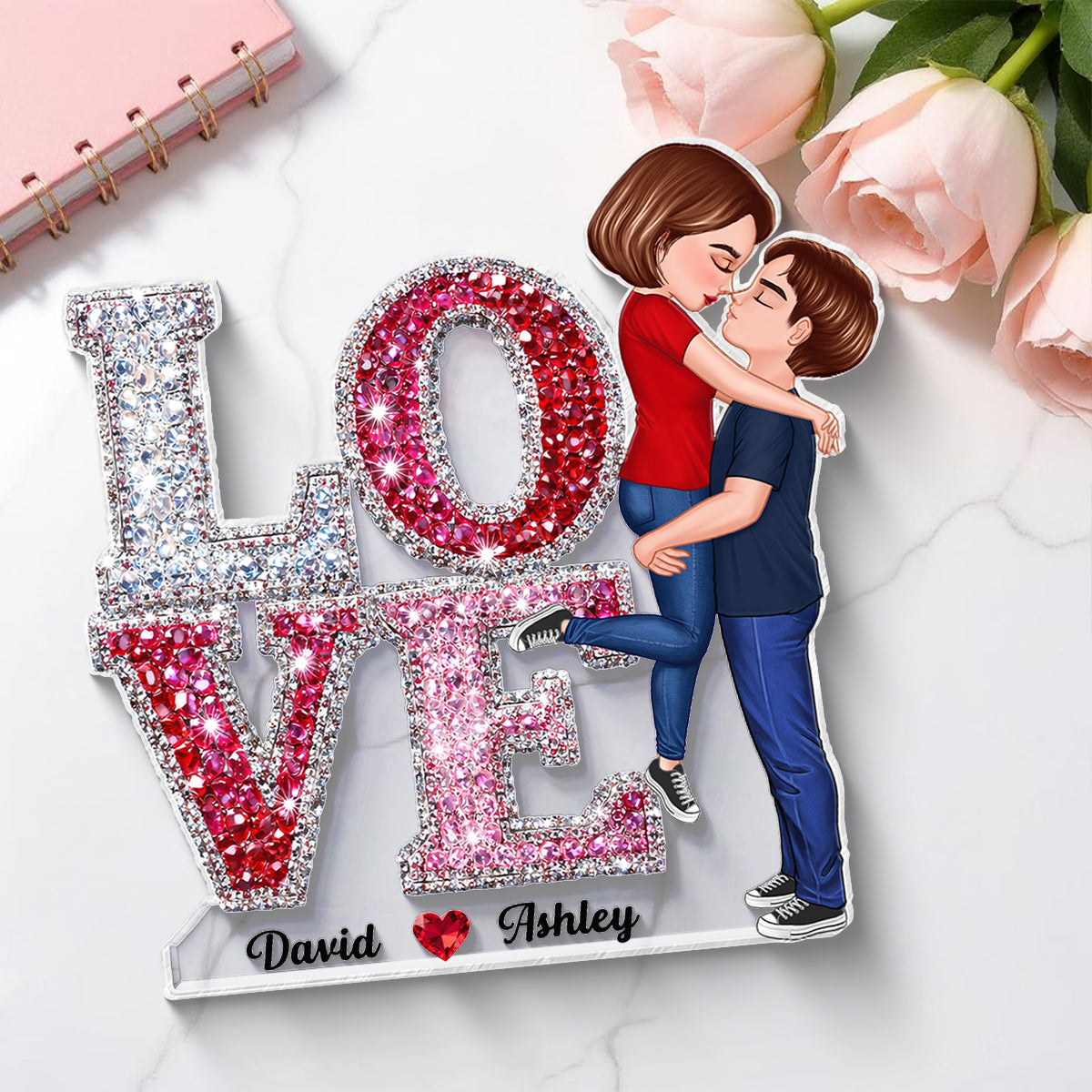 3D Effect Rhinestones Couple Love - Personalized Acrylic Block Plaque - Heartfelt Gift for Her, for Him