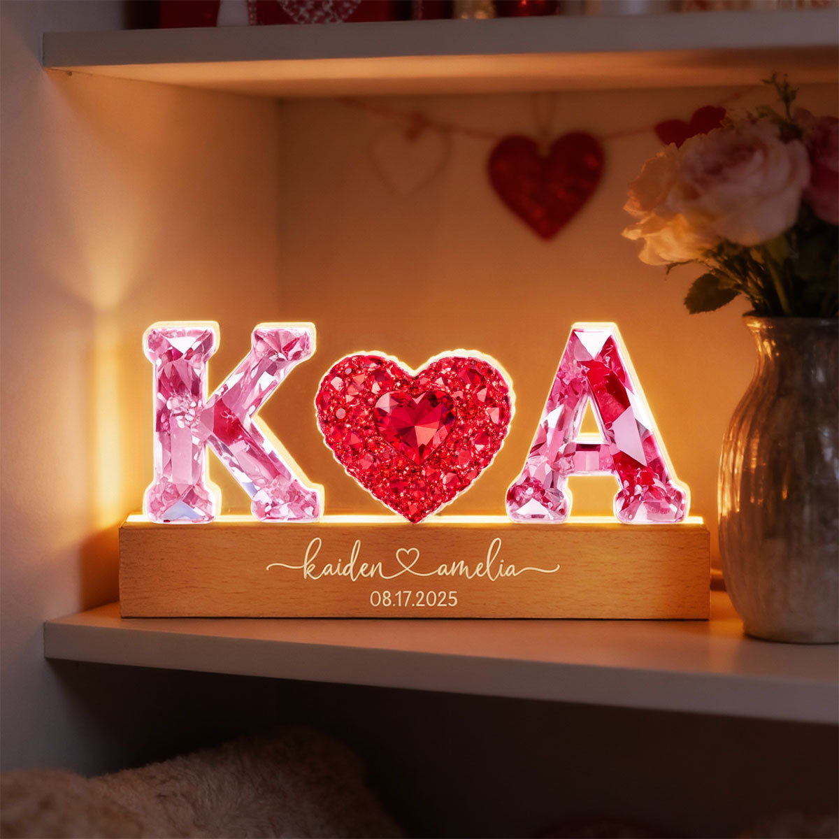Couple Love Initial - Personalized Acrylic Block LED Night Light - Heartfelt Anniversary, Valentine's Day Gift for her, for him