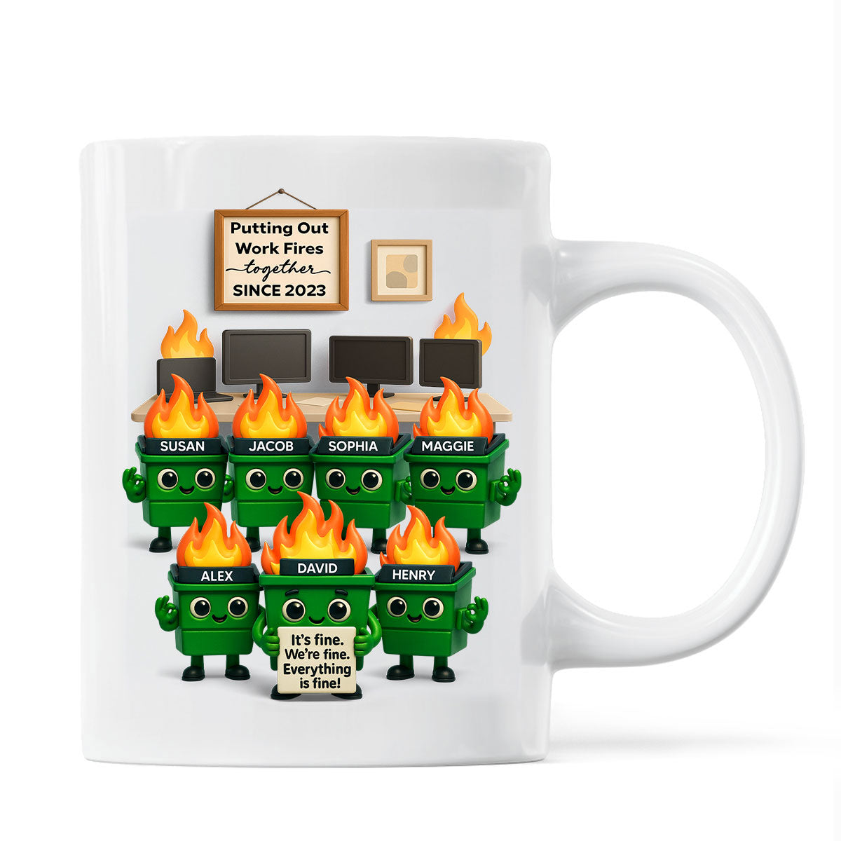 Funny Dumpster Fire Office Chaos - Personalized Mug - Funny Christmas Gift, White Elephant Gift for Coworkers