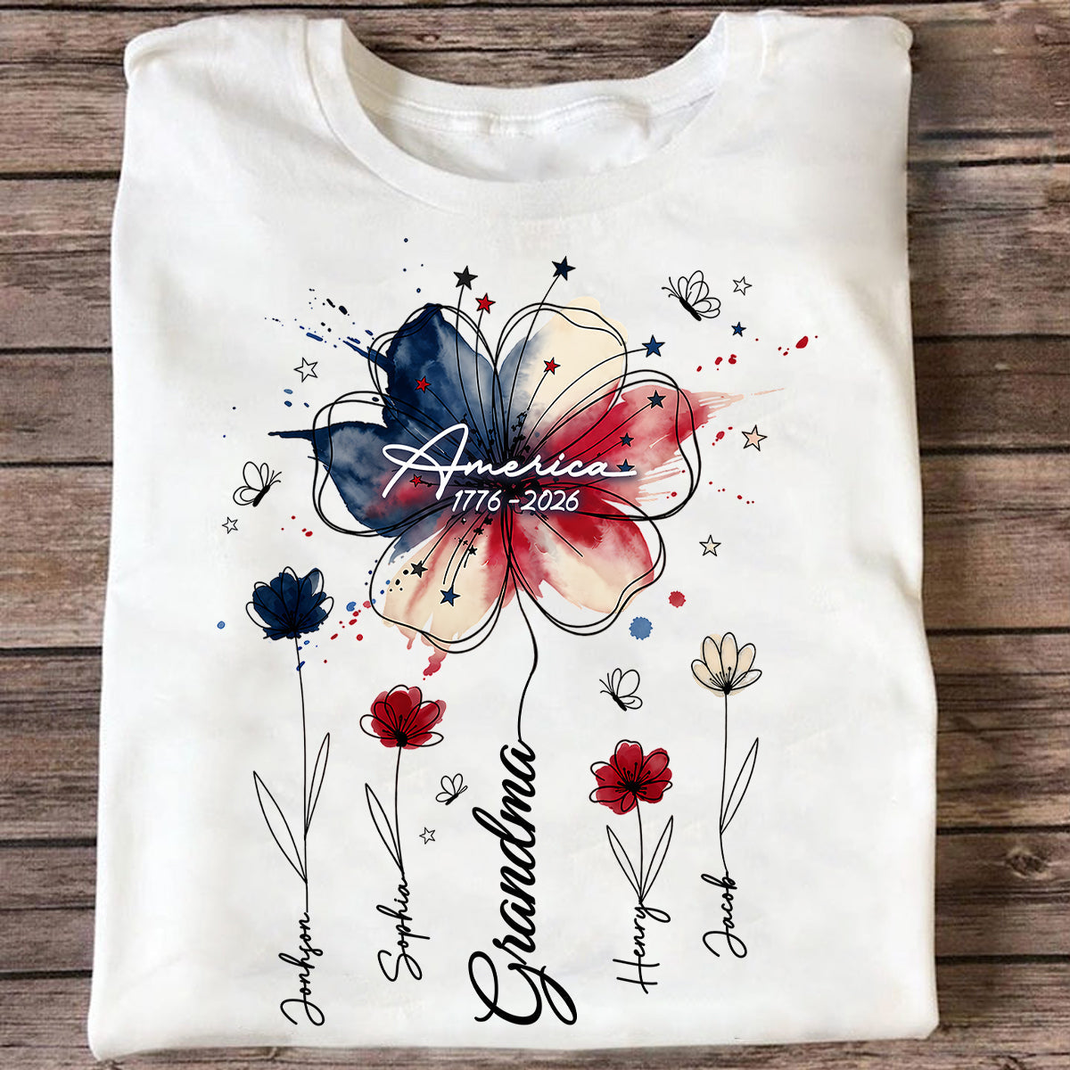 USA 250th Anniversary Floral Grandma - Personalized Shirt - Patriotic Gift for Grandma, Mom