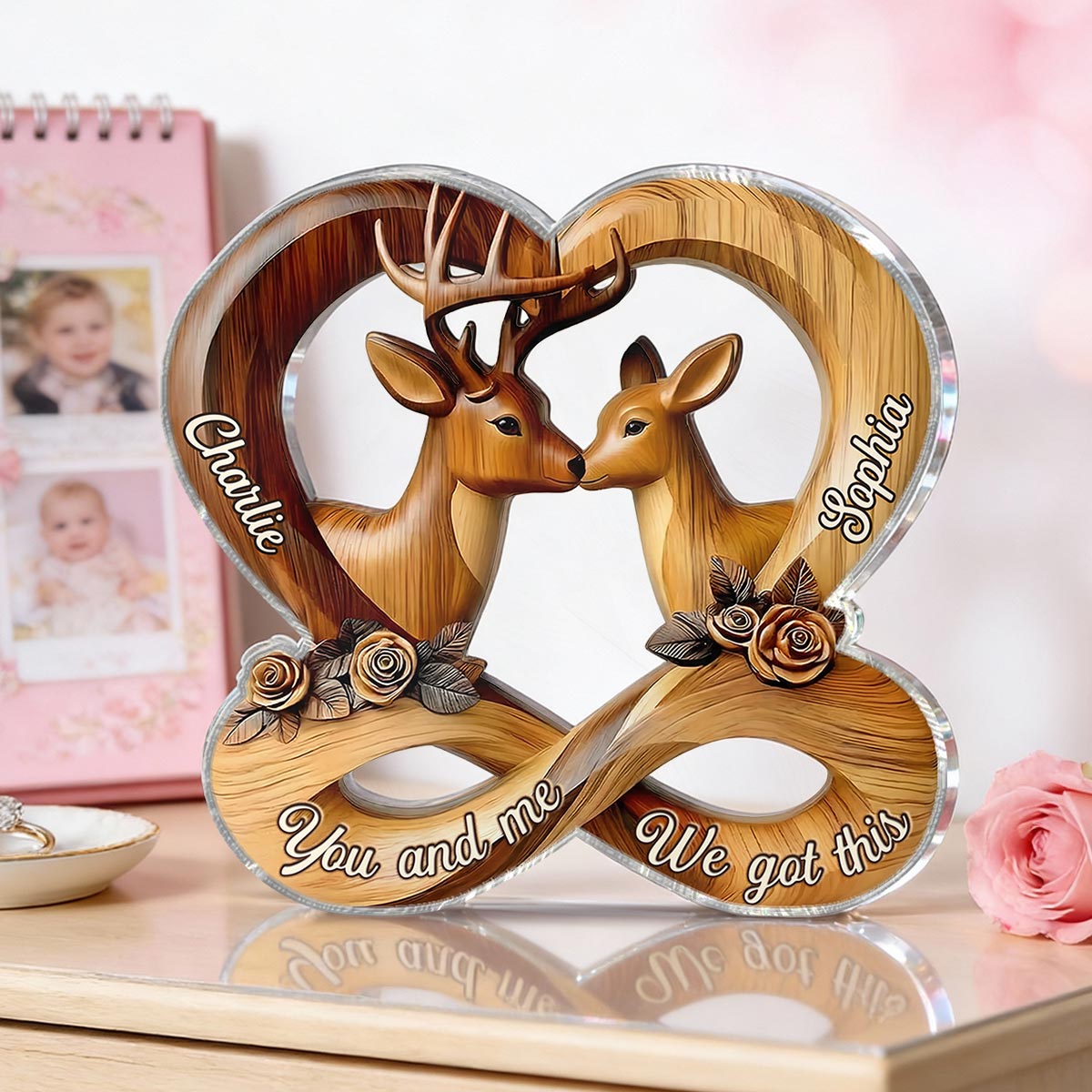3D Effect Deer Couple Eternal Love - Personalized Acrylic Block Plaque - Gift For Him, Gift For Her