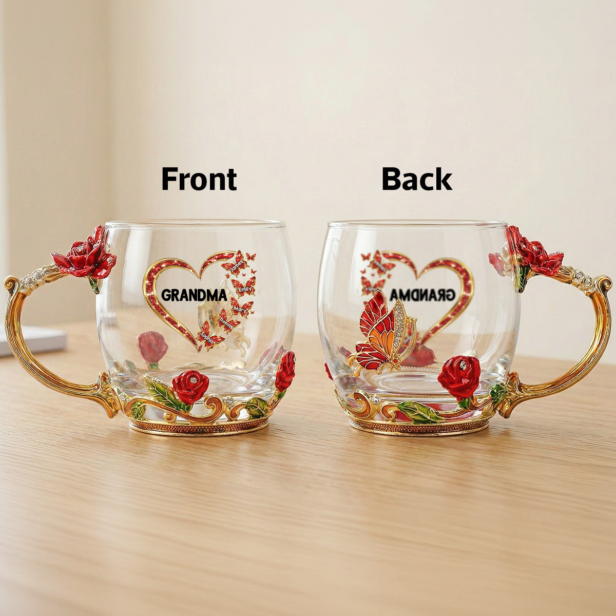 Grandma Butterflies Heart Custom Kids Names - Personalized Enamel Flower Tea Cup - Gift For Grandma, Mom